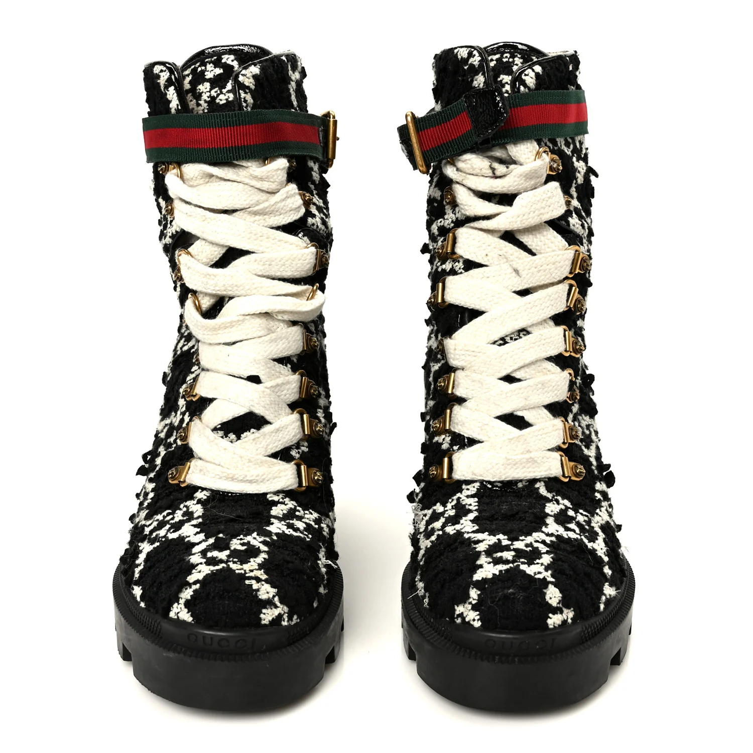 Tweed GG Monogram Lace Up Combat Ankle Boots 38 Black - Image 3