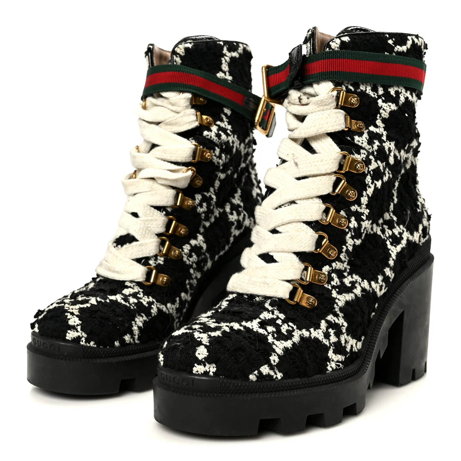 Tweed GG Monogram Lace Up Combat Ankle Boots 38 Black - Image 4