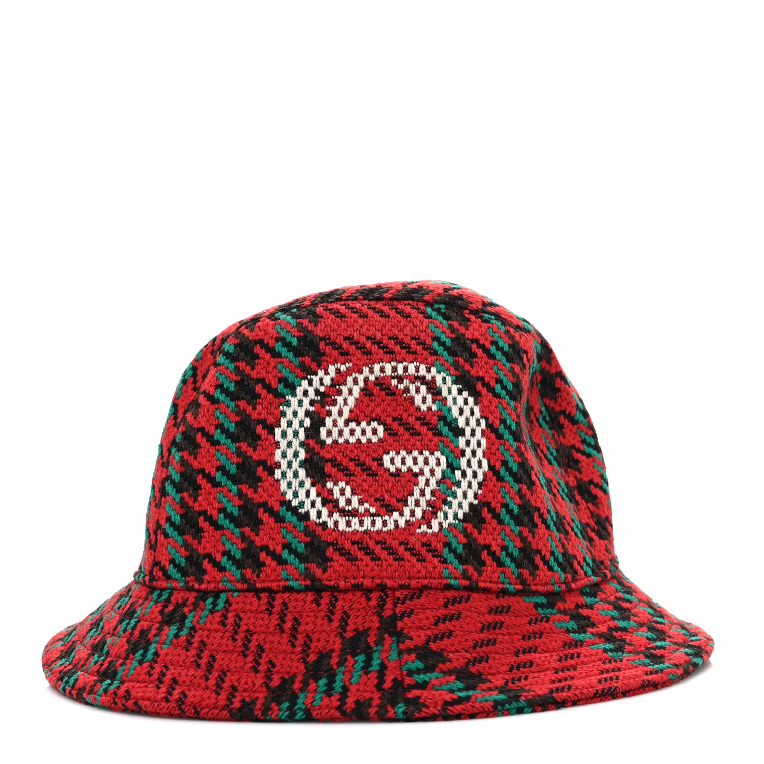 Tweed Wool Houndstooth Interlocking G Bucket Hat M Red Green - Image 3