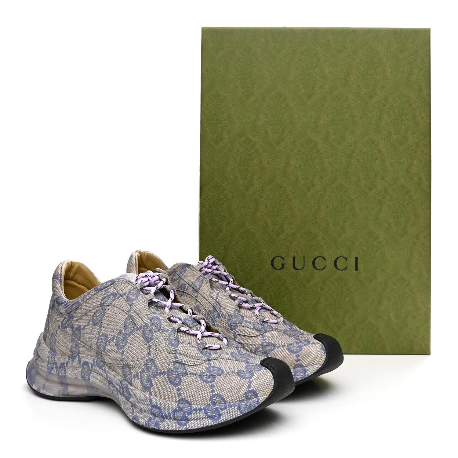 Ultralight Plume Calfskin Monogram Printed Mens Gucci Run Sneakers 10 Beige Blue - Image 10