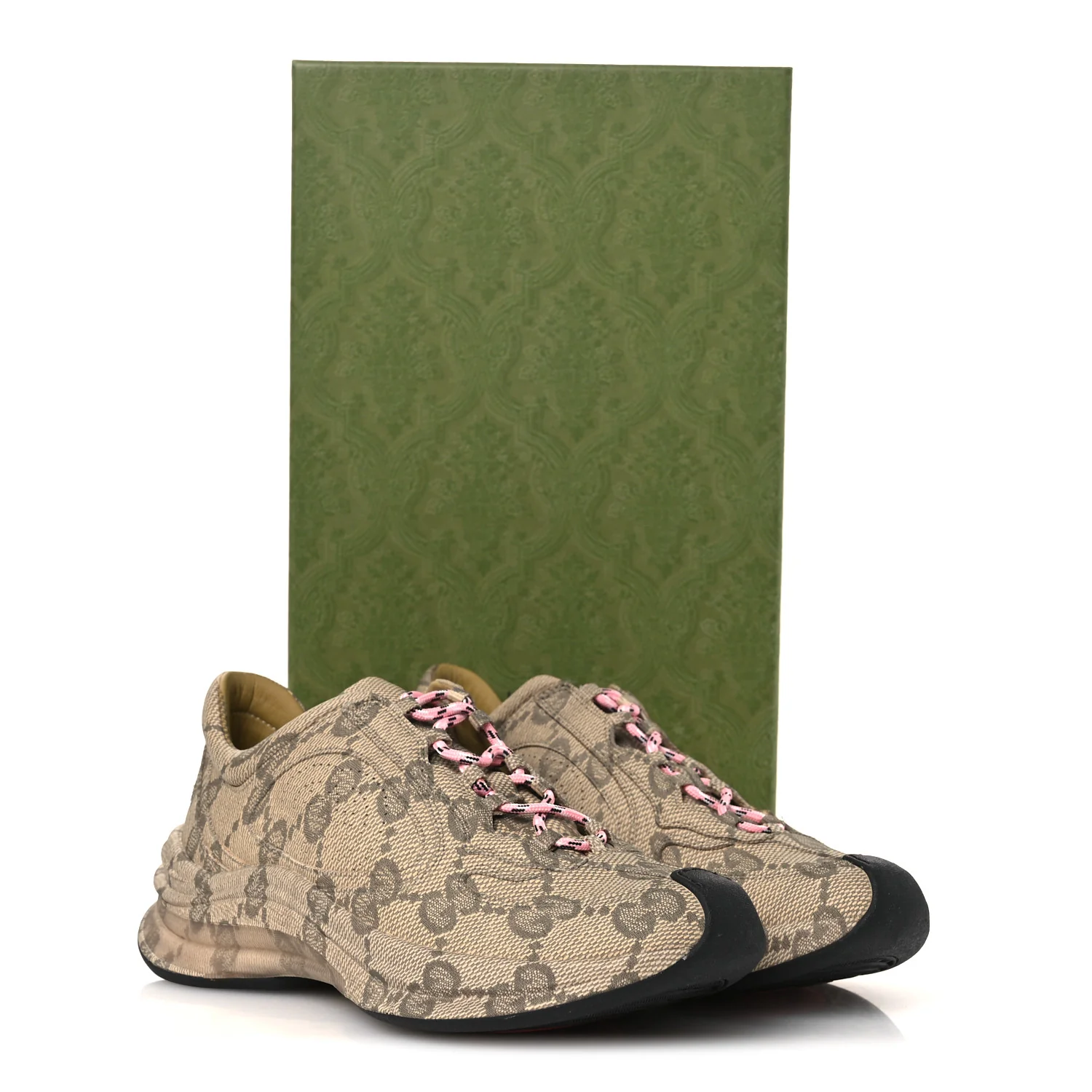 Ultralight Plume Calfskin Monogram Printed Womens Gucci Run Sneakers 37.5 Beige Ebony - Image 13