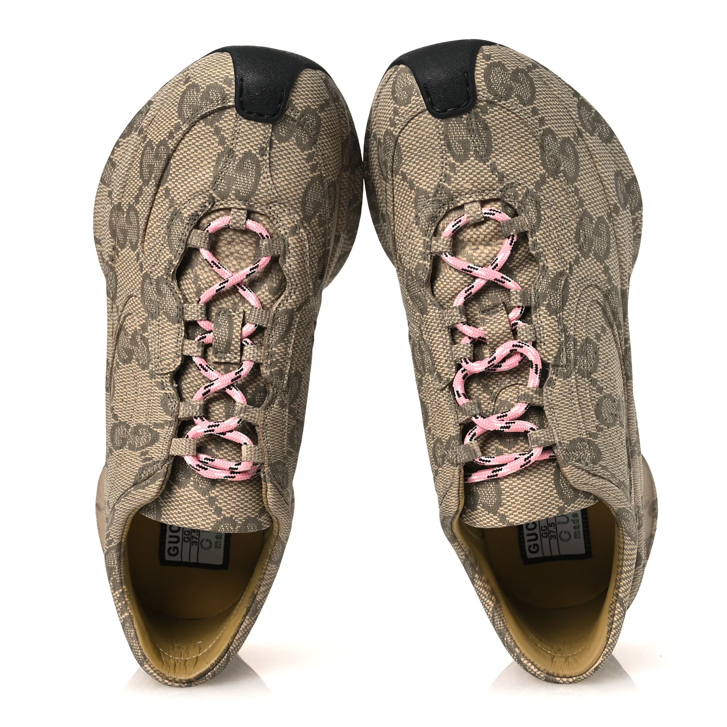 Ultralight Plume Calfskin Monogram Printed Womens Gucci Run Sneakers 37.5 Beige Ebony - Image 2