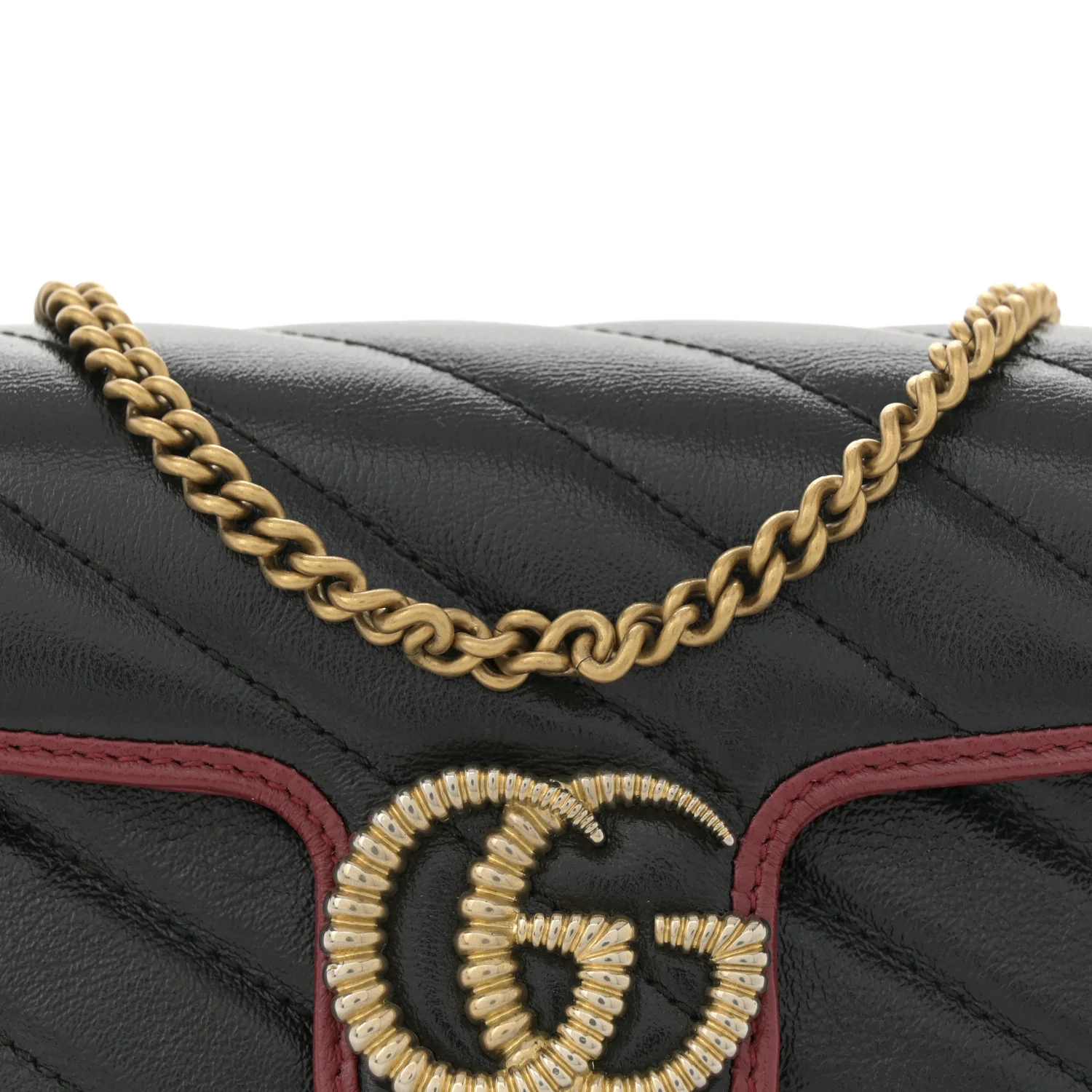 Vintage Effect Calfskin Matelasse Diagonal Super Mini Torchon GG Marmont Shoulder Bag Black Romantic Cherry - Image 8