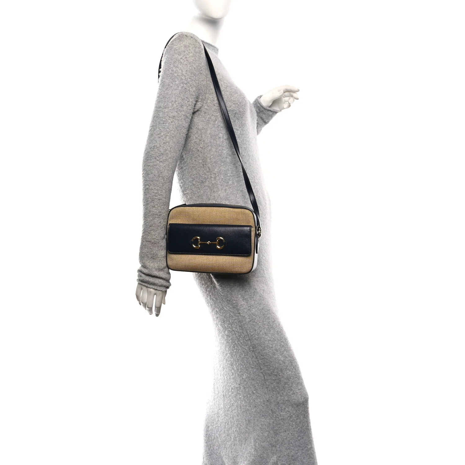 Vintage Rice Canvas Azalea Calfskin Small Horsebit 1955 Shoulder Bag Beige Blue - Image 2