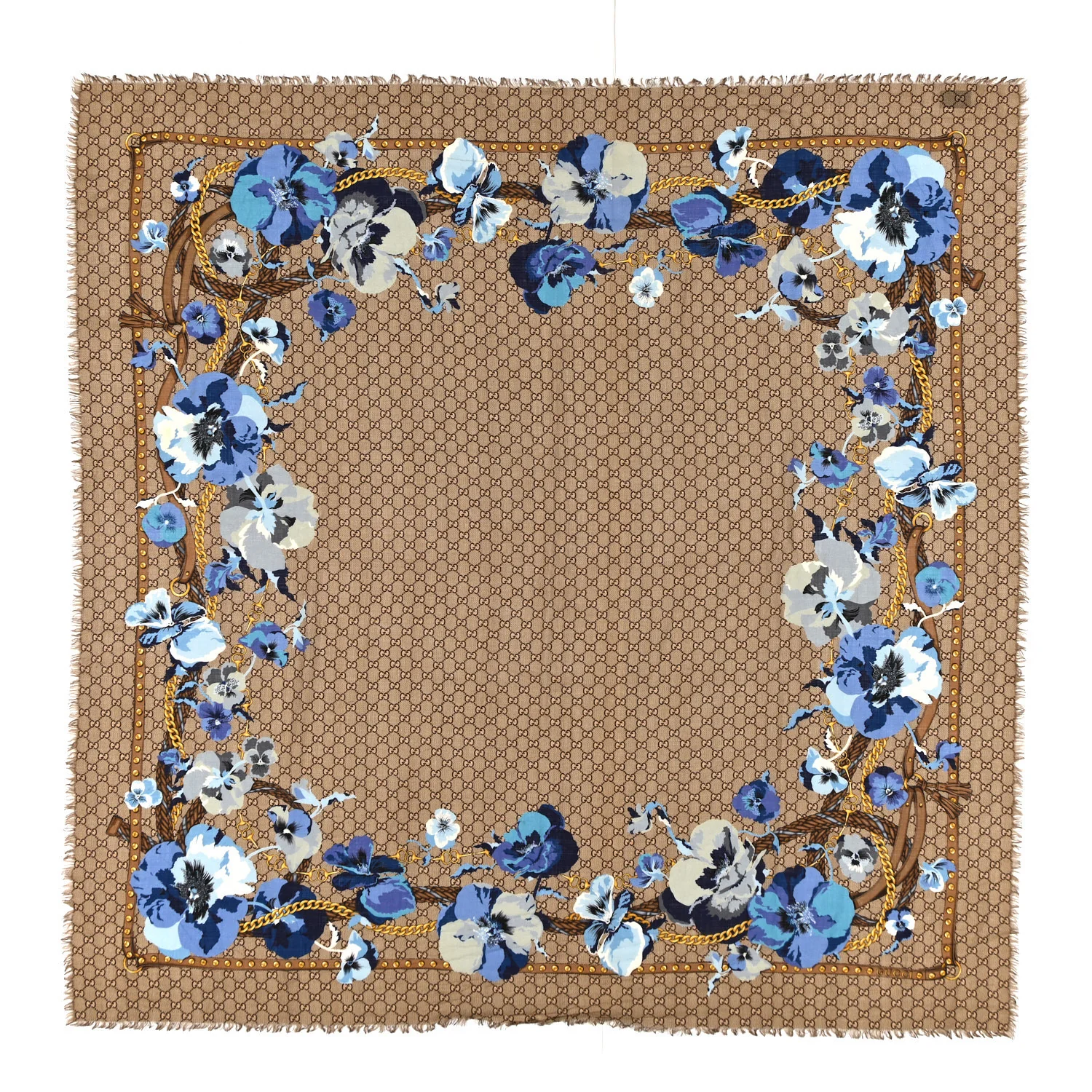 Wool Jacquard GG Monogram Big Panshie Fringe Shawl Sapphire Beige
