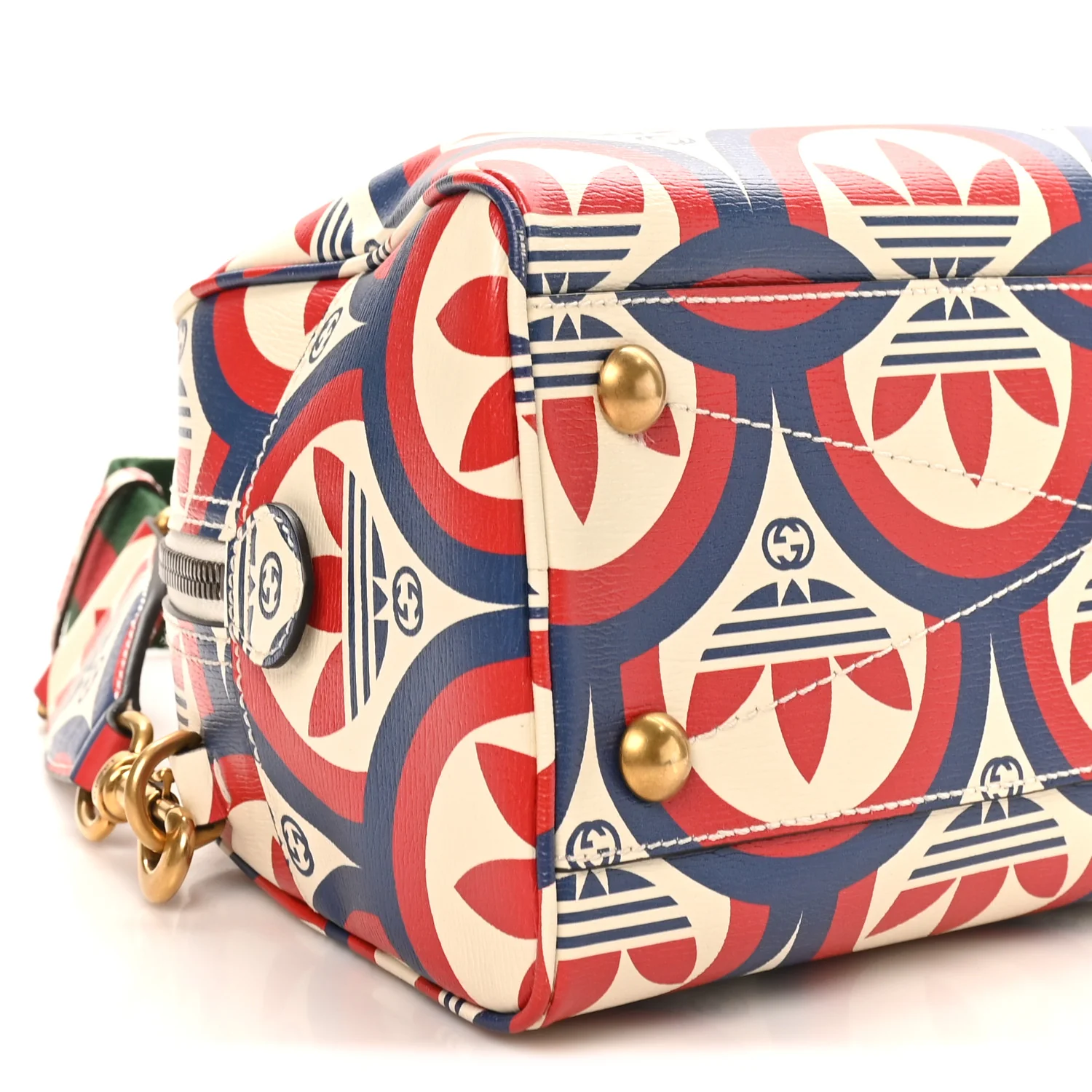 X ADIDAS Shangai Calfskin Web Trefoil Interlocking G Mini Duffle Bag Red White Blue - Image 8