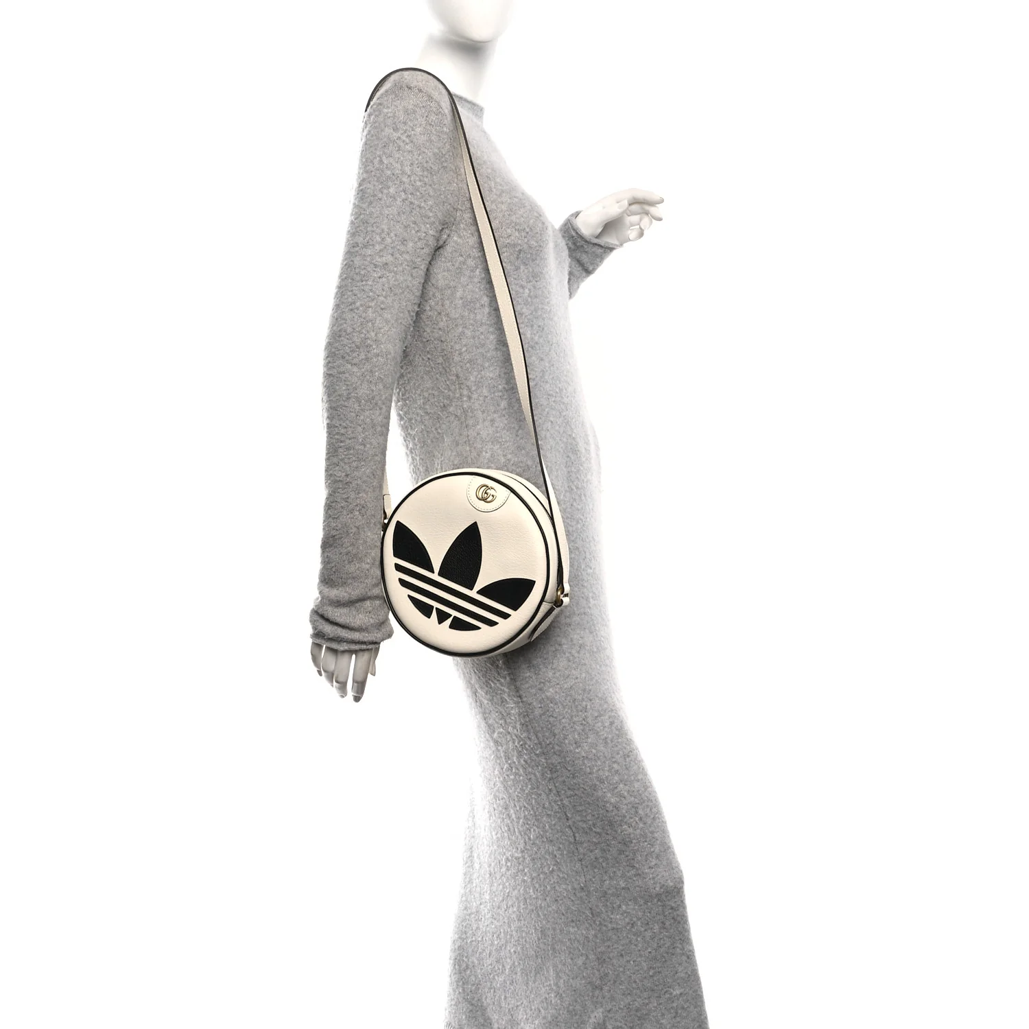 X ADIDAS Textured Dollar Calfskin Web Trefoil Logo Small Ophidia Round Shoulder Bag Off White Black - Image 2