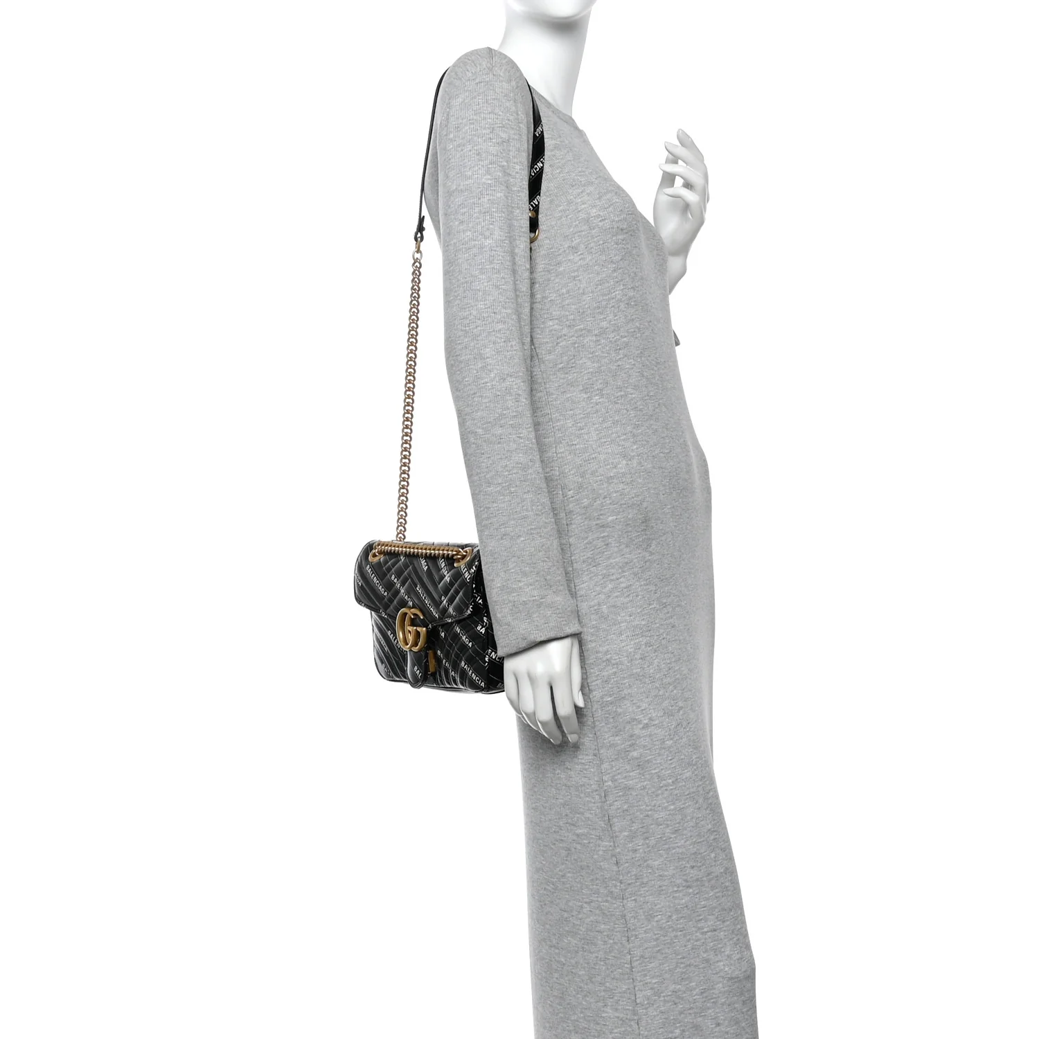 X BALENCIAGA Calfskin Matelasse Logo Print Small GG Marmont Shoulder Bag Black - Image 2