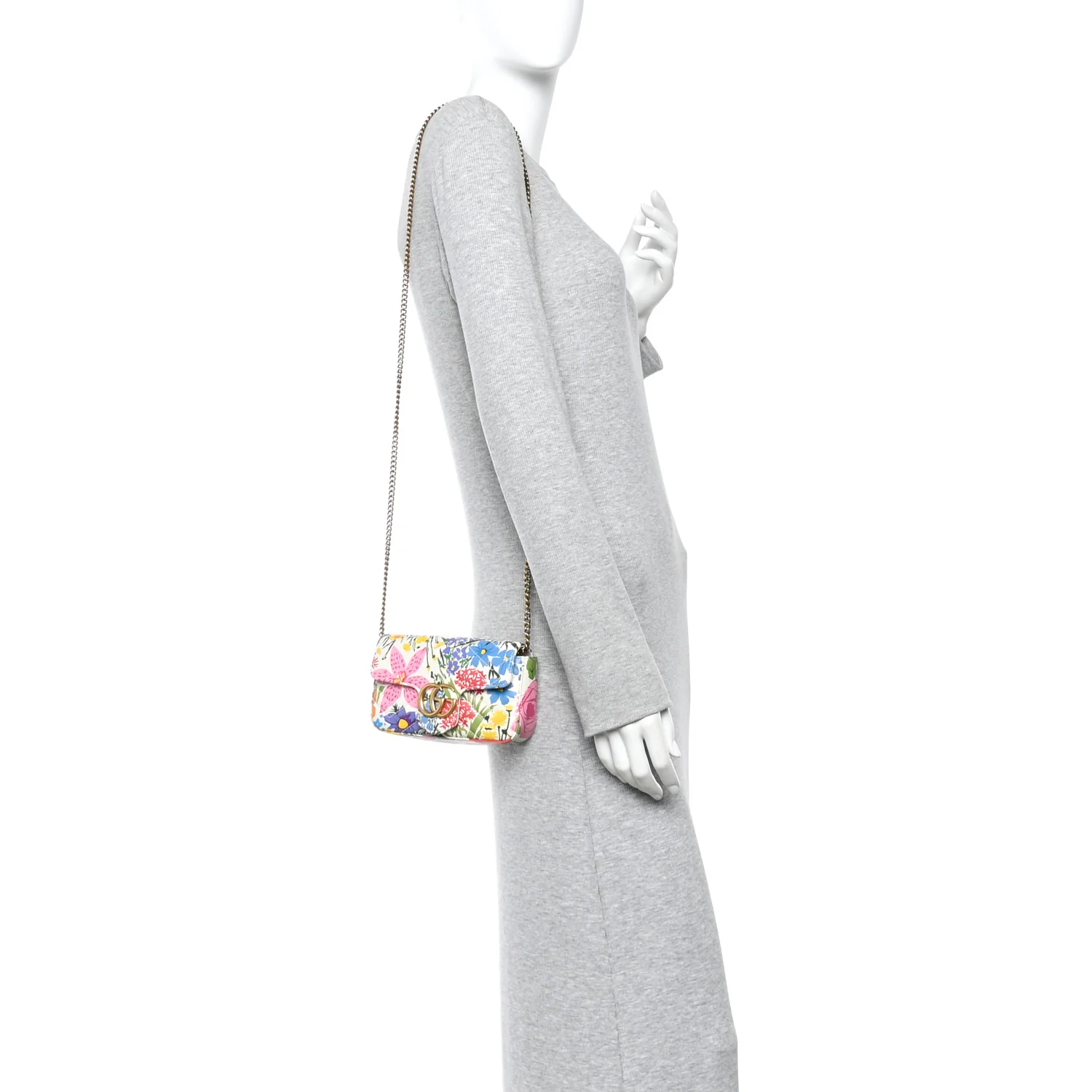 X KEN SCOTT Calfskin Matelasse Floral Print Super Mini GG Marmont Shoulder Bag Ivory Pink - Image 2