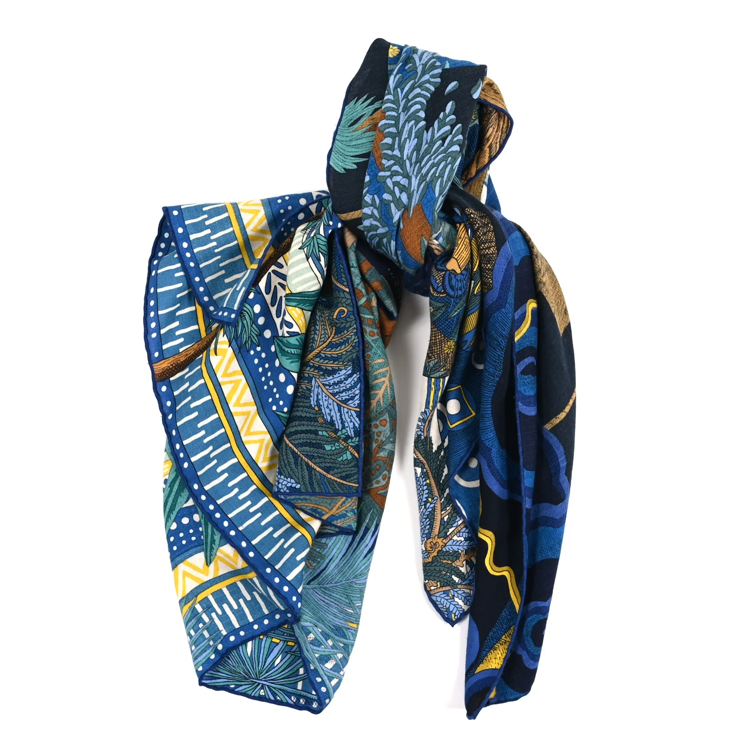 Cashmere Silk Acte III Scene I La Clairiere Shawl 140 Bleu Nuit Jaune