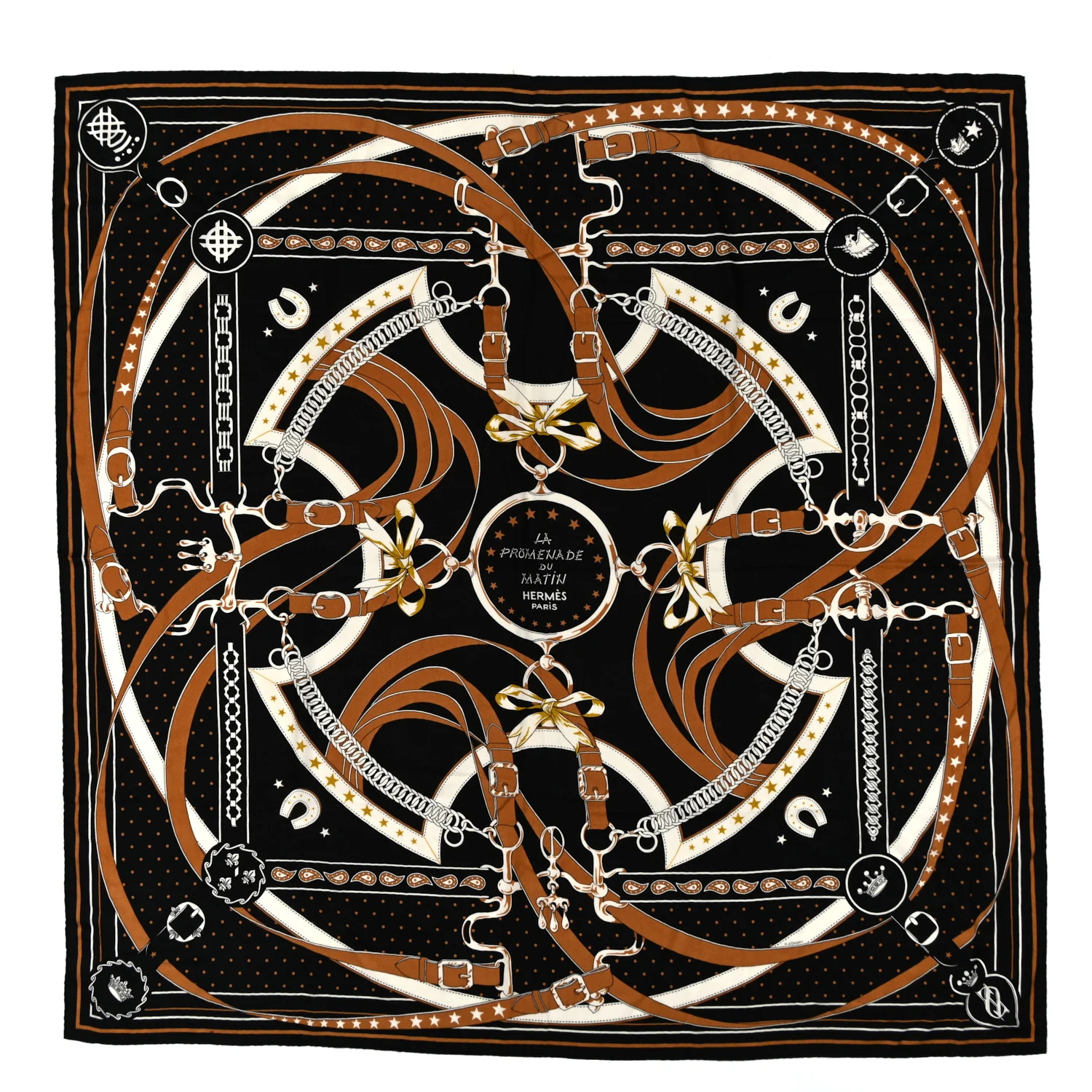 Cashmere Silk La Promenade du Matin Bandana Shawl 140 Black Noisette Gold