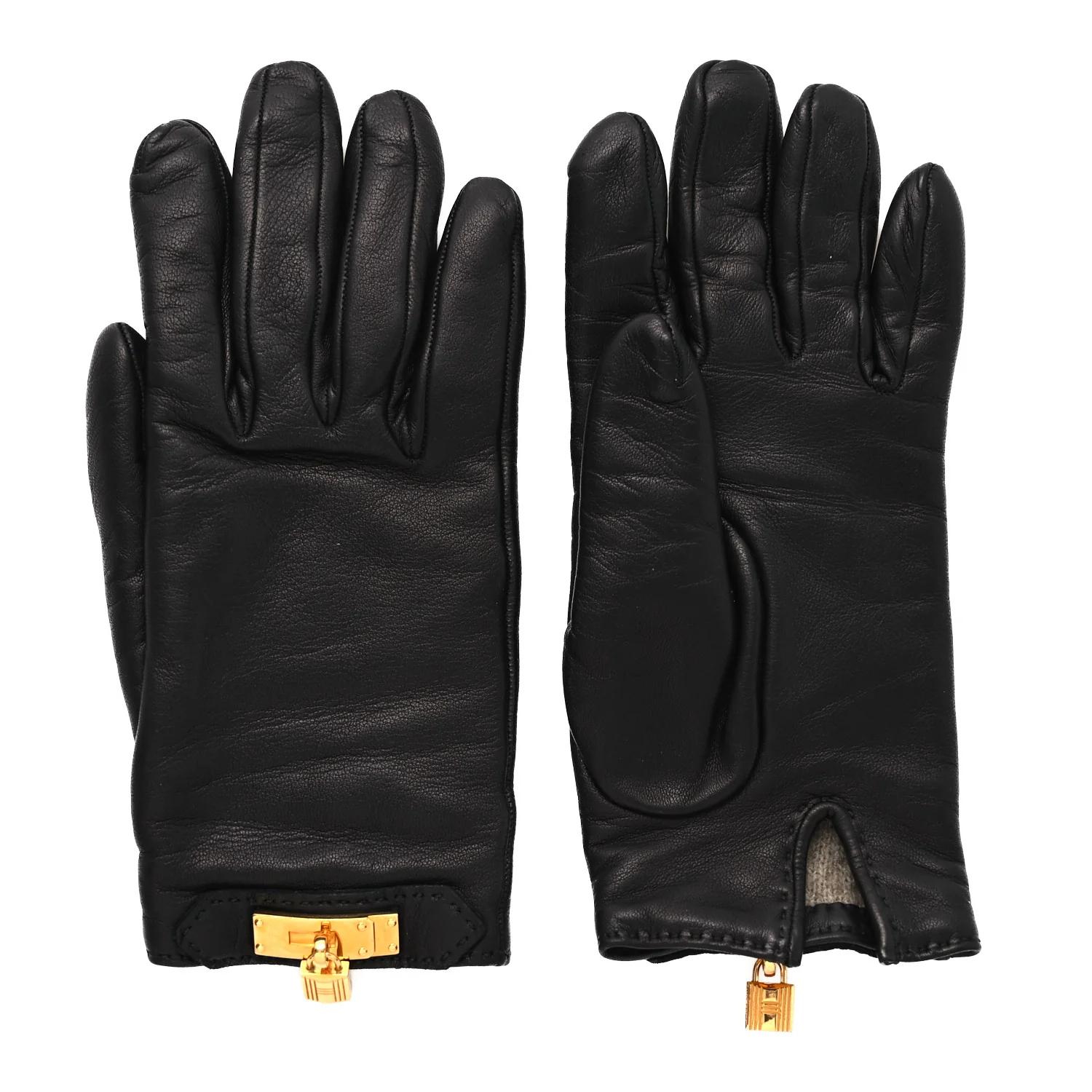 Lambskin Cashmere Kelly Lock Gloves 6.5 Black