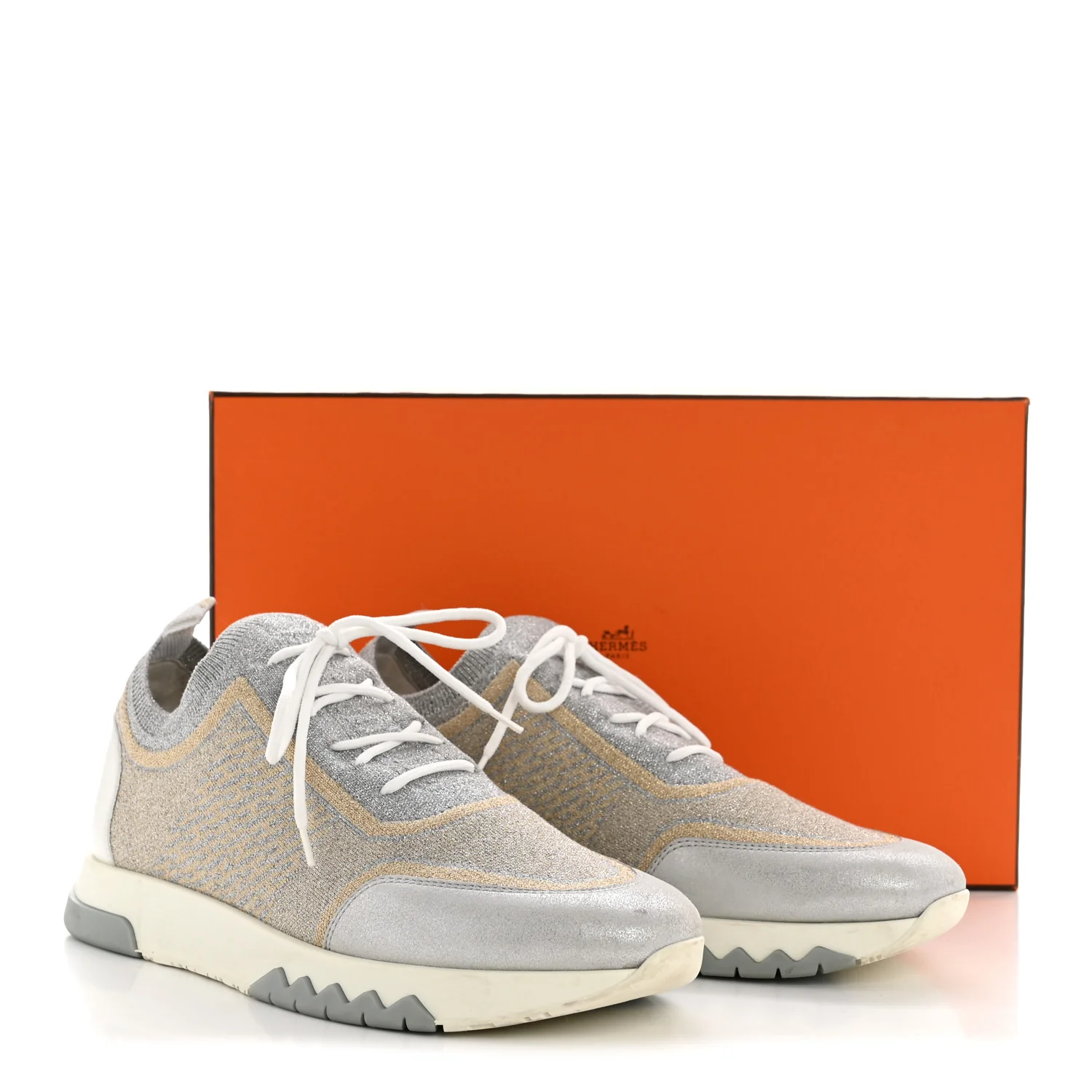 Metallic Knit Calfskin Suede Goatskin Bi-Color Womens Addict Sneakers 40 Multicolor Gris Argent - Image 13