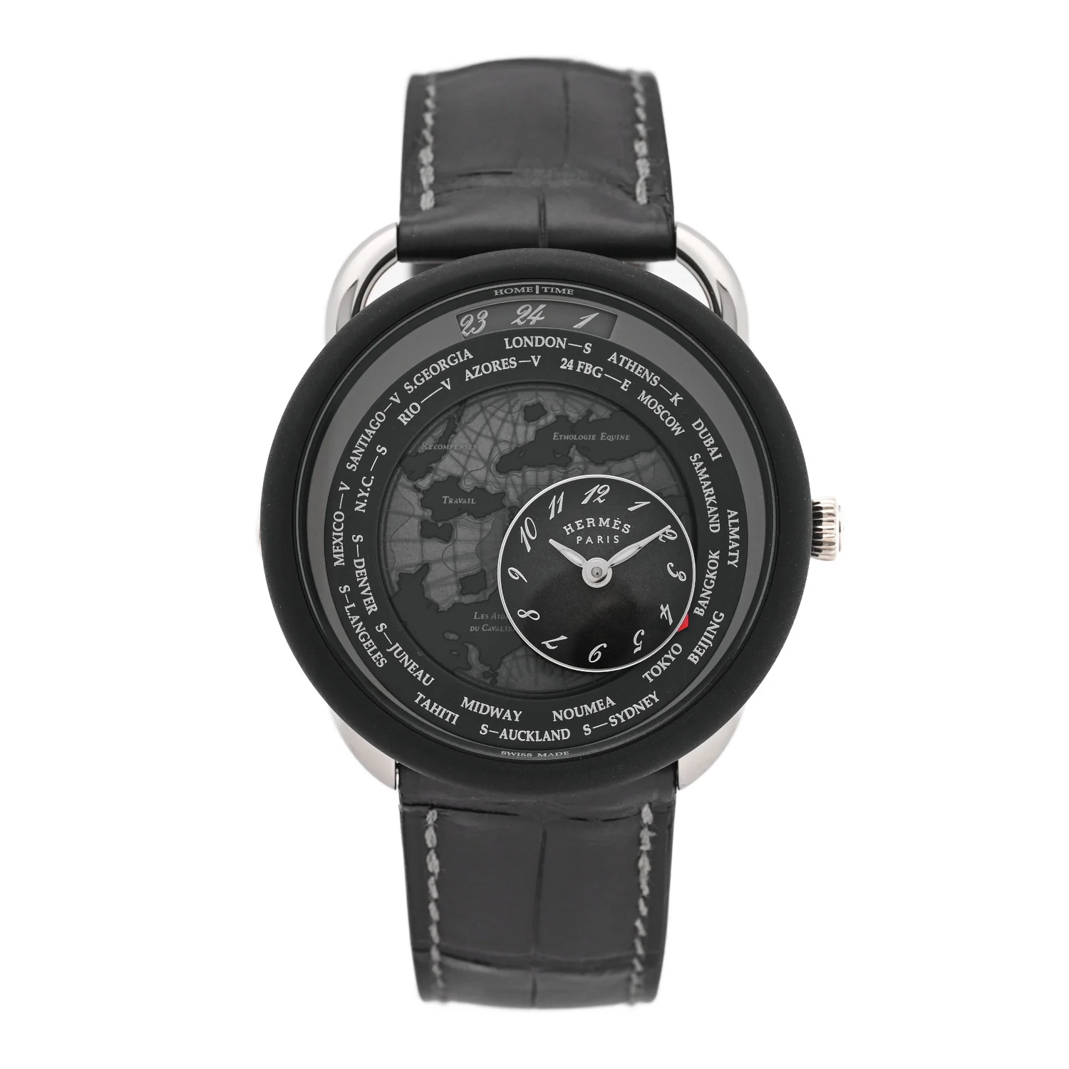 Platinum Titanium Alligator 43mm Arceau Le Temps Voyageur Automatic Watch Noir