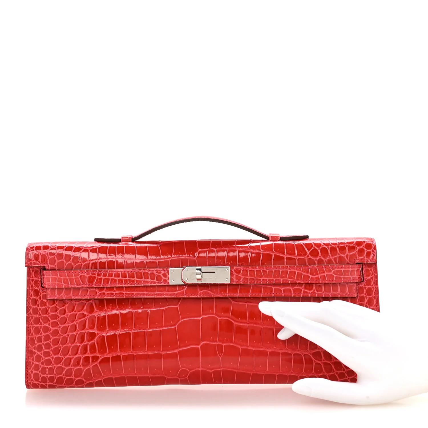 Shiny Porosus Crocodile Kelly Cut Pochette Bougainvillier - Image 2