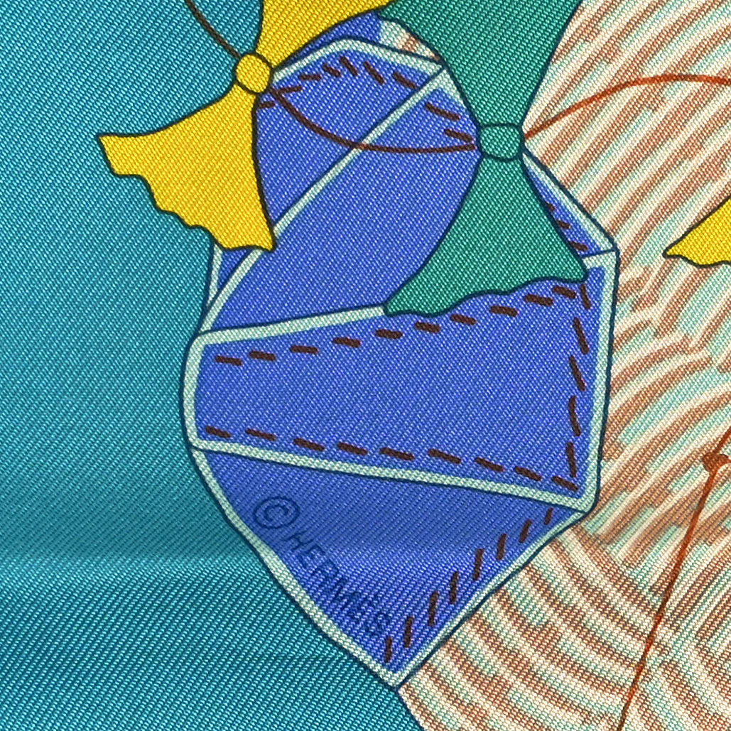 Silk Bagage a Main Scarf 90 Turquoise Rose Pale Jaune - Image 2