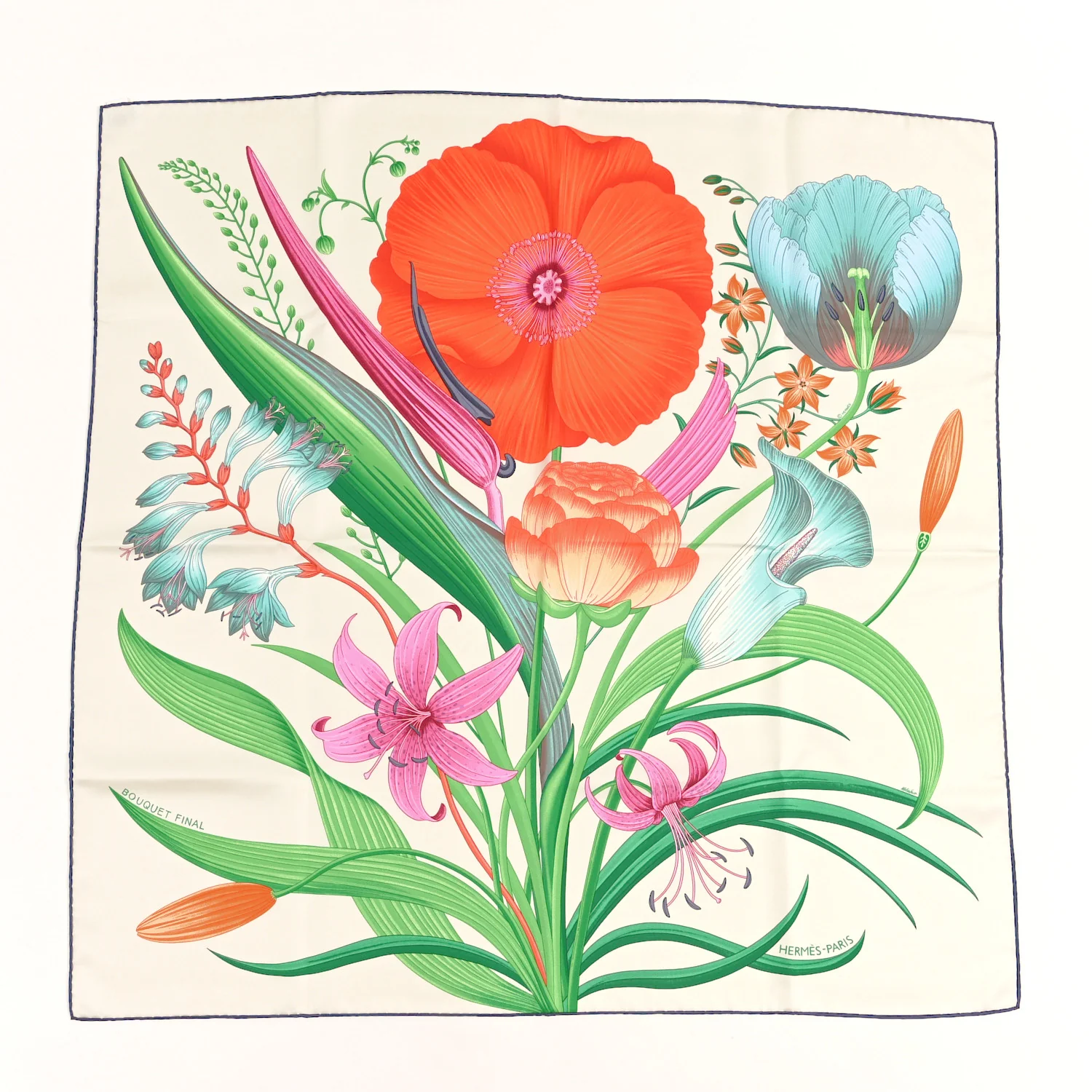 Silk Bouquet Final Scarf 90 White Casse Vermillion