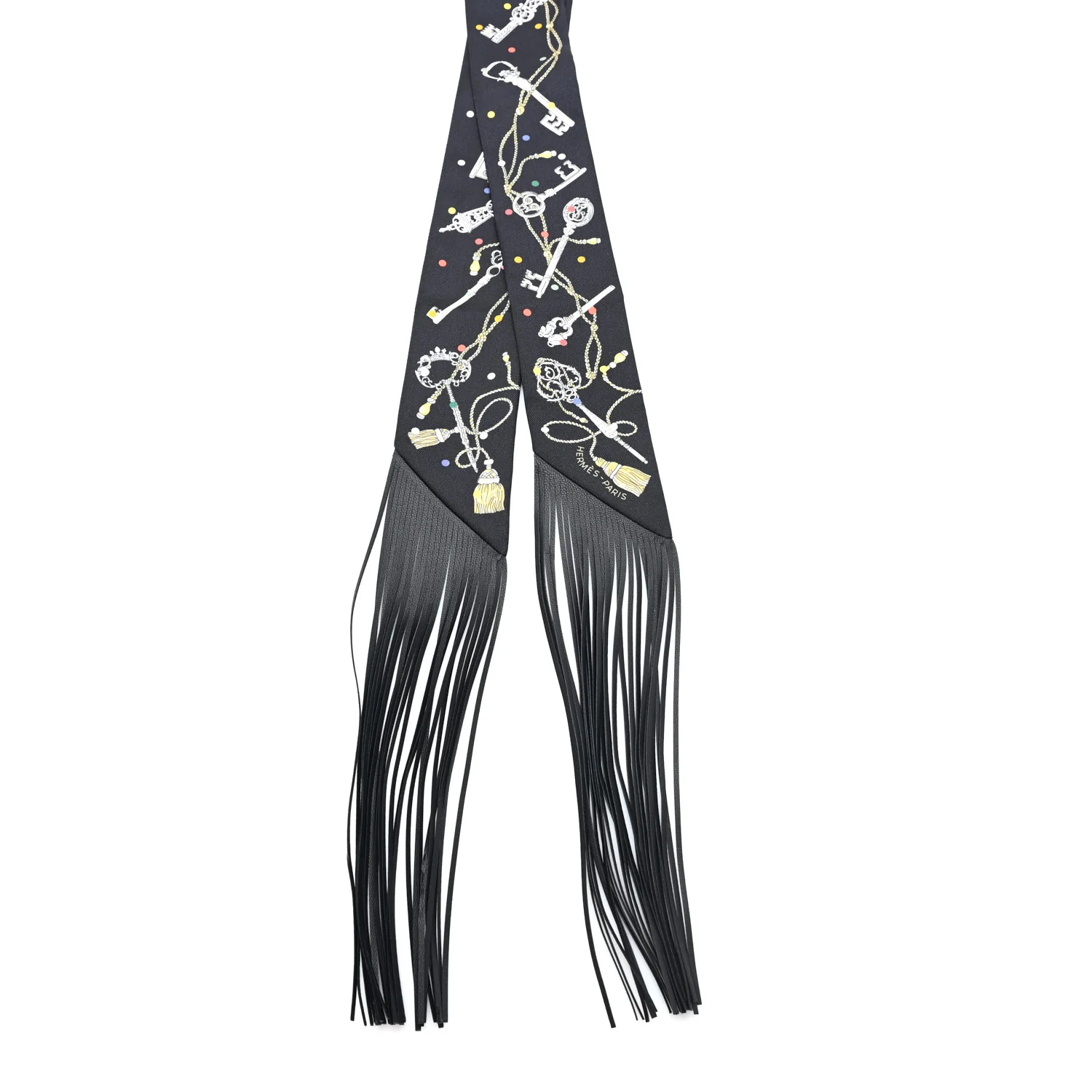 Silk Calfskin Les Cles A Pois Fringed Twilly Black Mordoré Blanc - Image 2