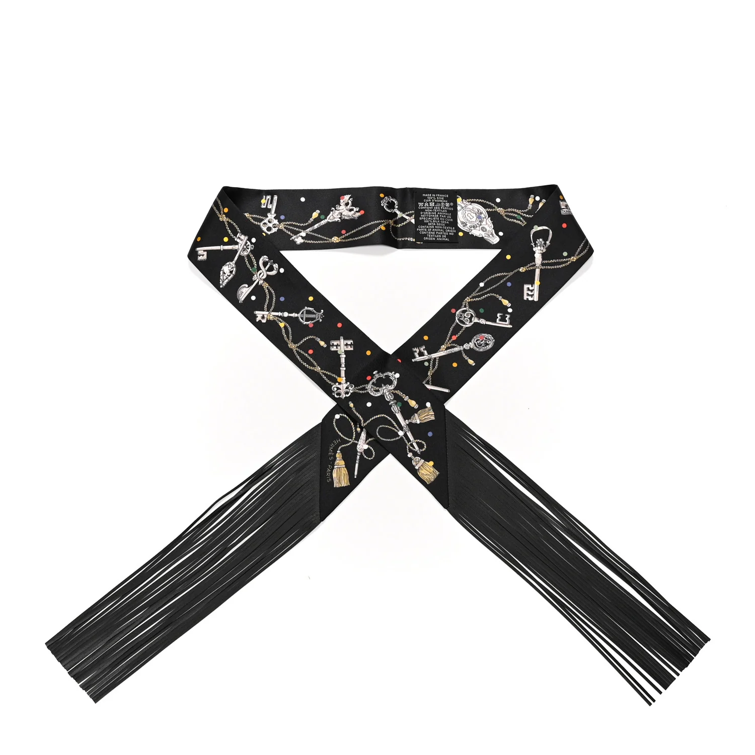 Silk Calfskin Les Cles A Pois Fringed Twilly Black Mordore White