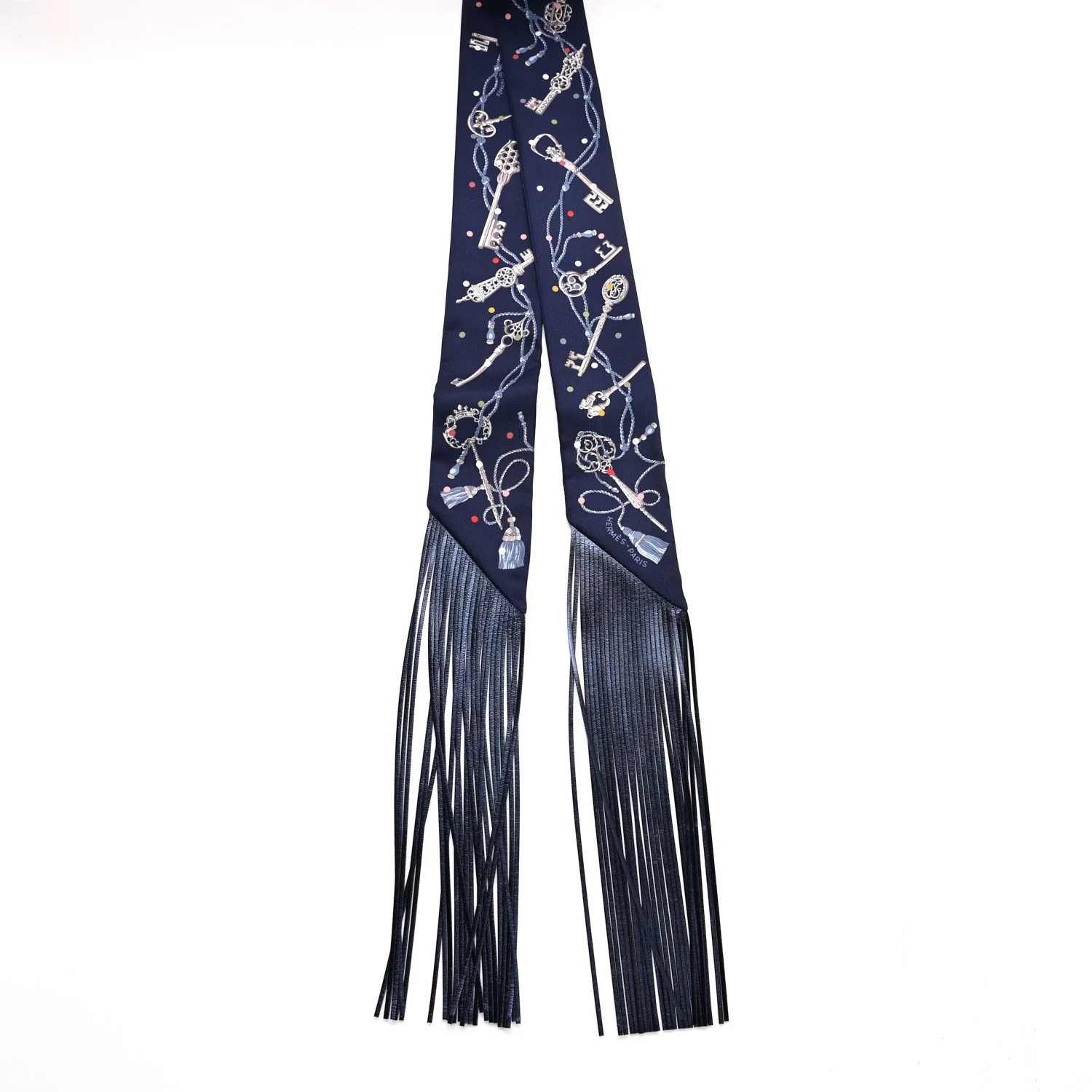 Silk Calfskin Les Cles A Pois Fringed Twilly Bleu Marine Gris Argent Multicolor - Image 2
