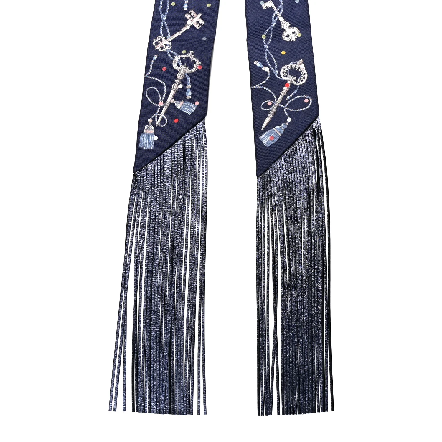Silk Calfskin Les Cles A Pois Fringed Twilly Bleu Marine Gris Argent Multicolor - Image 2