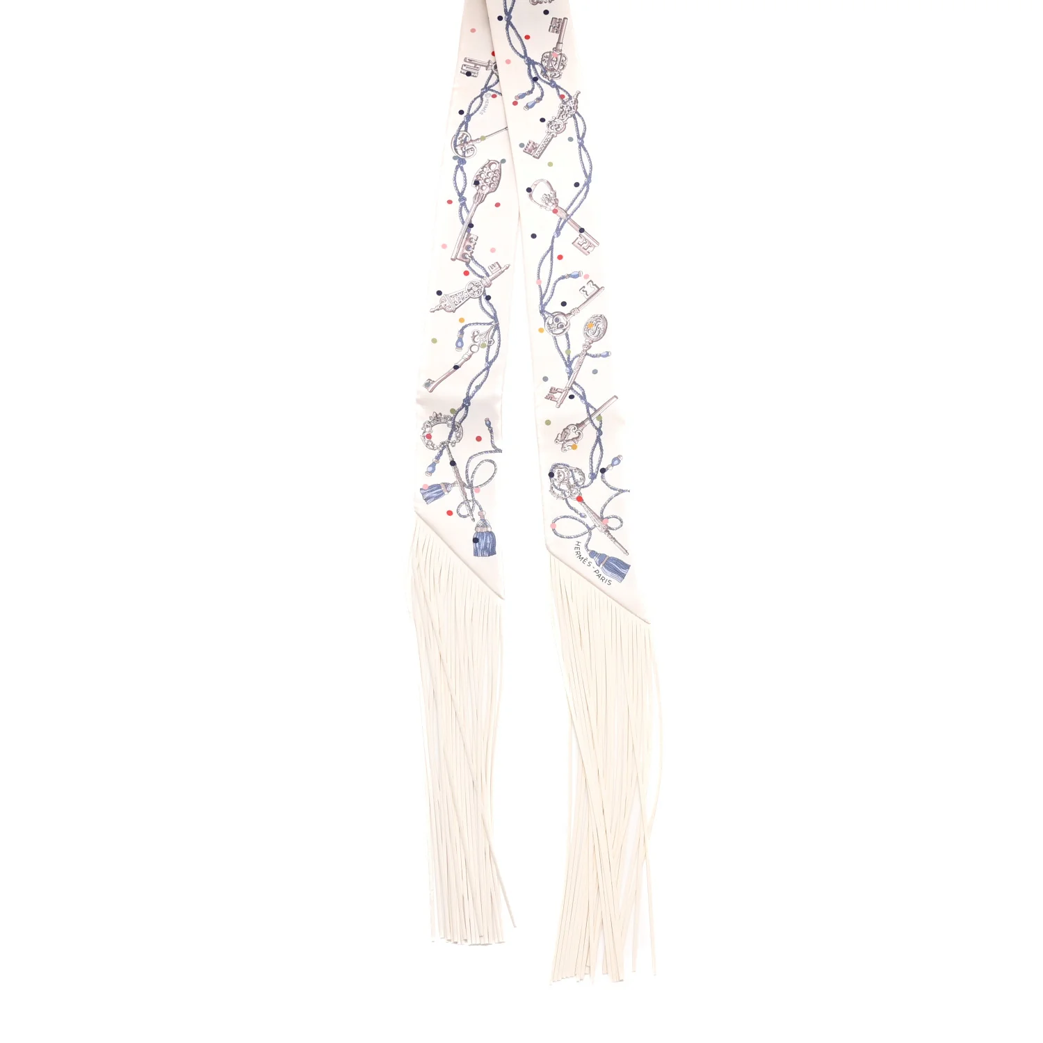 Silk Calfskin Les Cles A Pois Fringed Twilly Creme Gris Perle Multicolor - Image 2