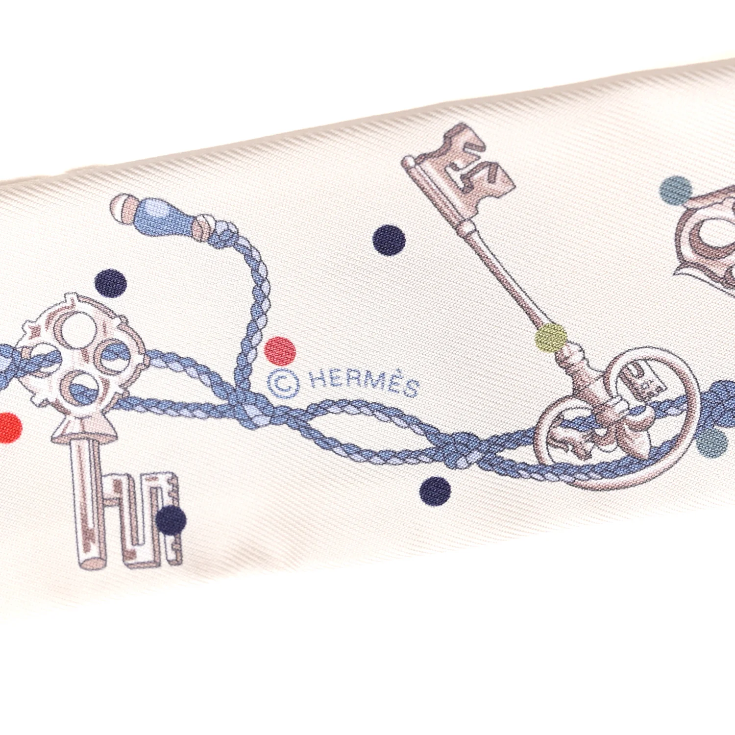 Silk Calfskin Les Cles A Pois Fringed Twilly Creme Gris Perle Multicolor - Image 4