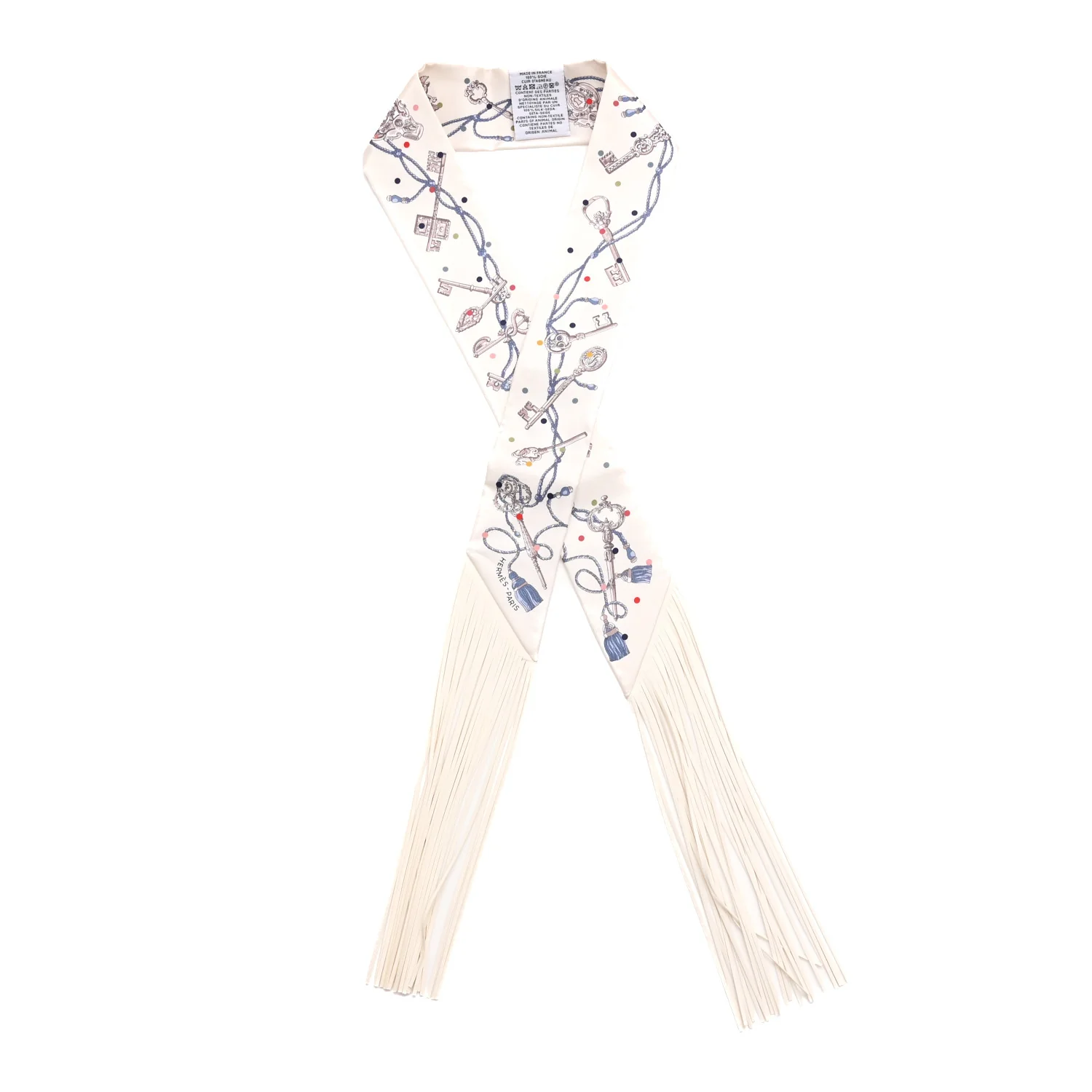 Silk Calfskin Les Cles A Pois Fringed Twilly Creme Gris Perle Multicolor