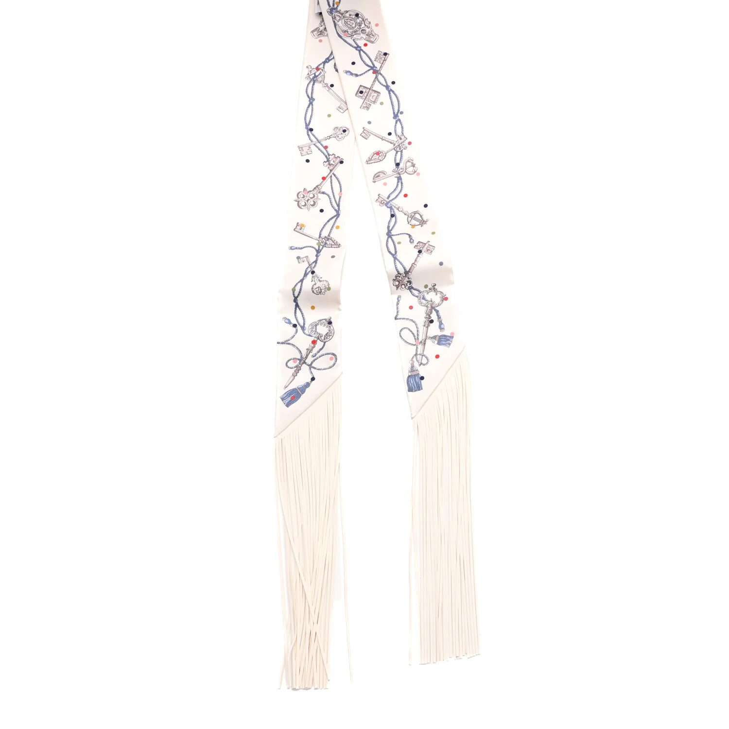 Silk Calfskin Les Cles A Pois Fringed Twilly Creme Gris Perle Multicolor - Image 2