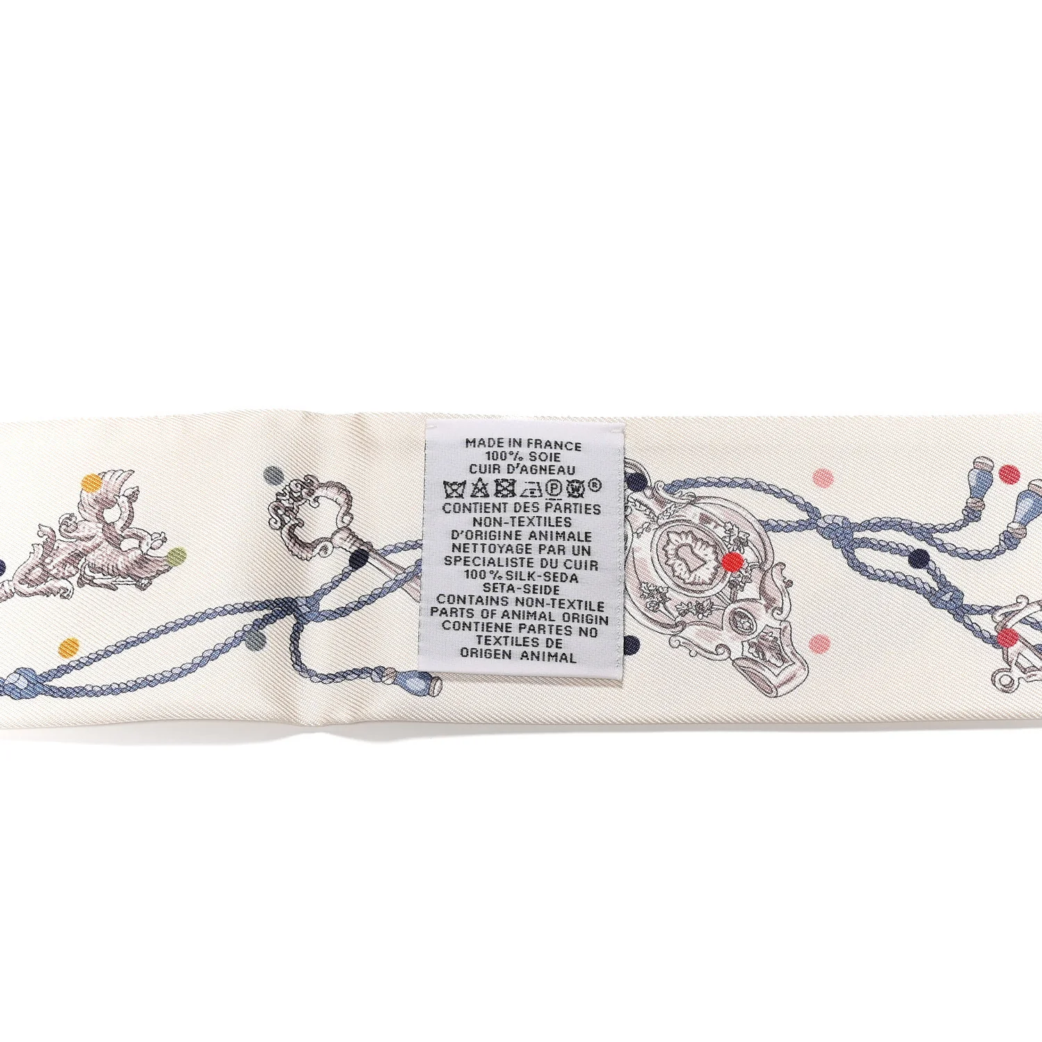 Silk Calfskin Les Cles A Pois Fringed Twilly Creme Gris Perle Multicolor - Image 3