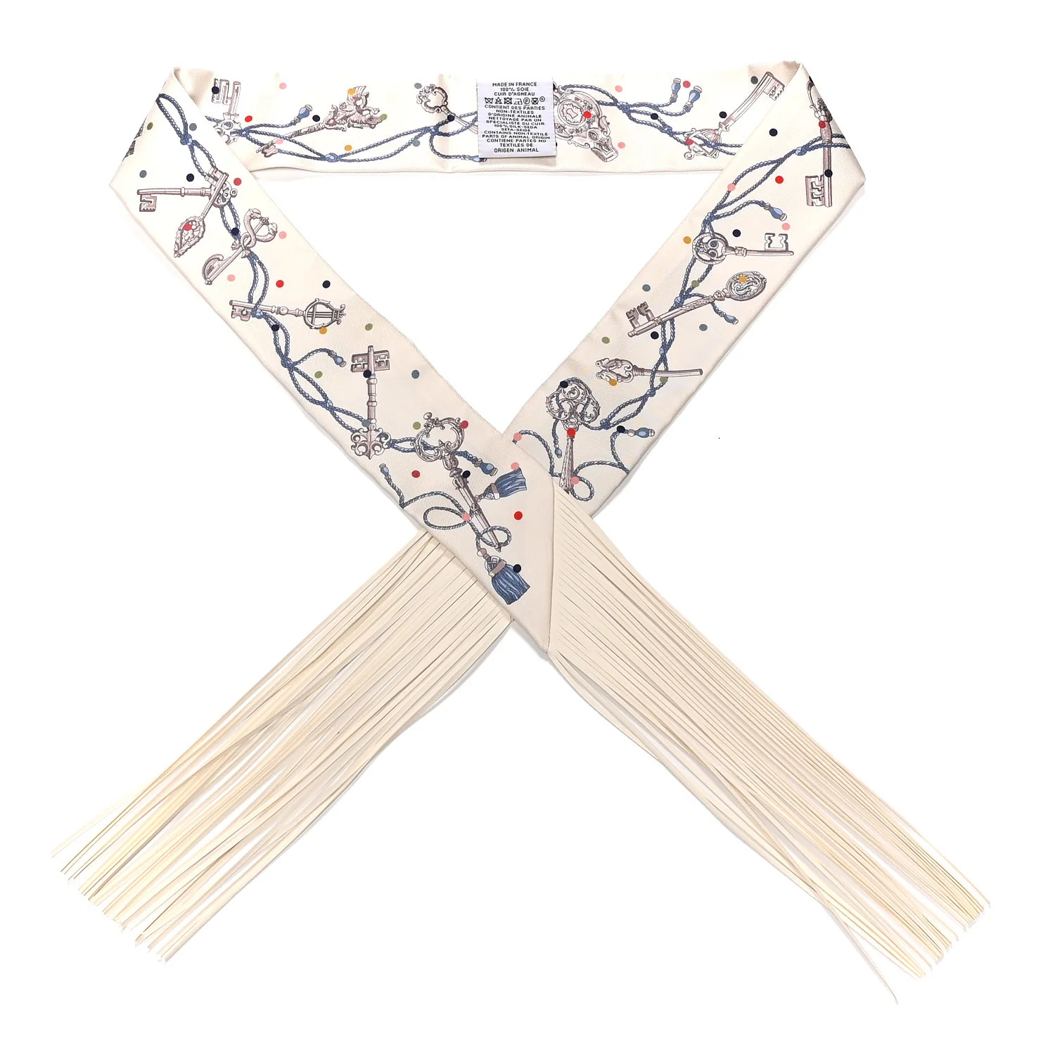 Silk Calfskin Les Cles A Pois Fringed Twilly Creme Gris Perle Multicolor