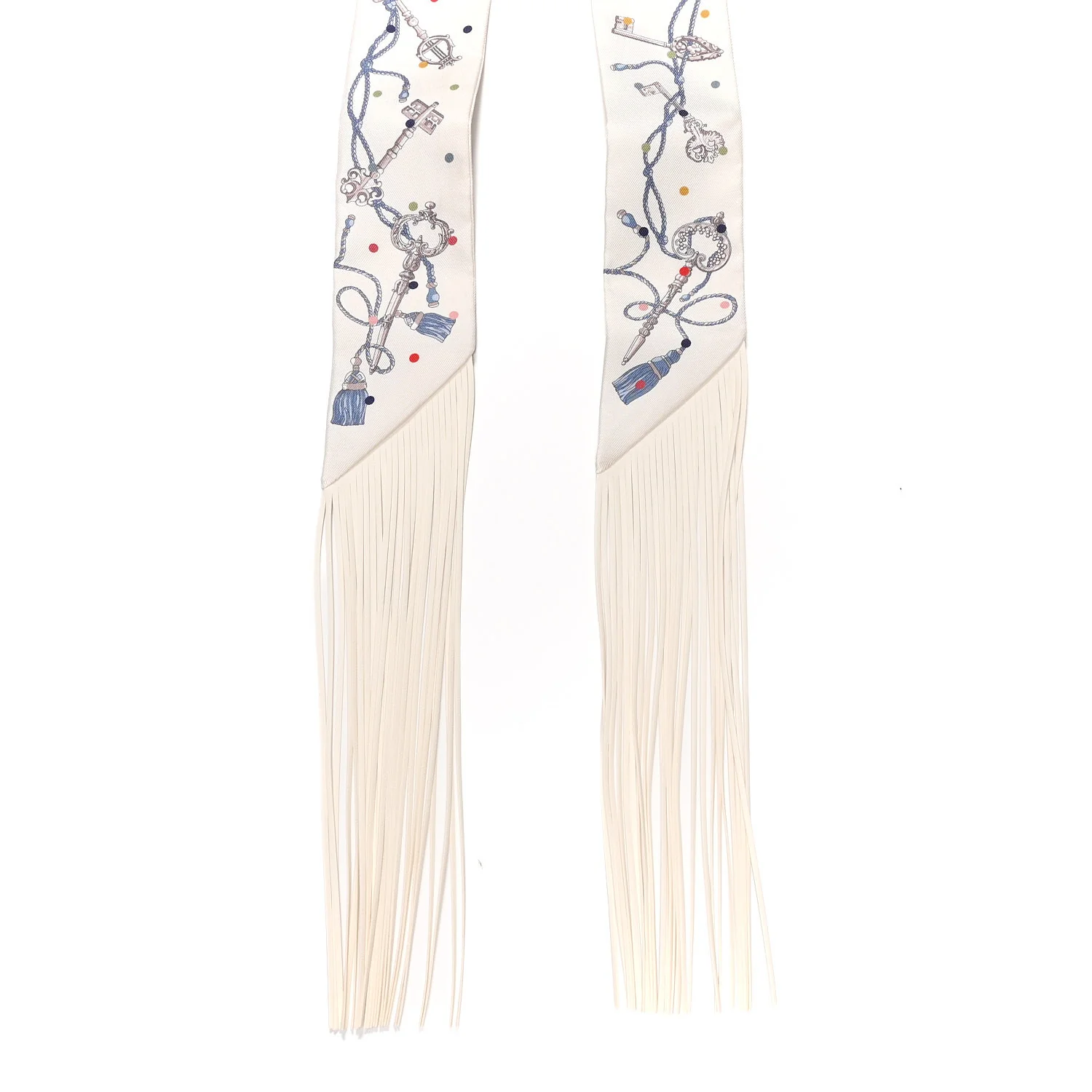 Silk Calfskin Les Cles A Pois Fringed Twilly Creme Gris Perle Multicolor - Image 2