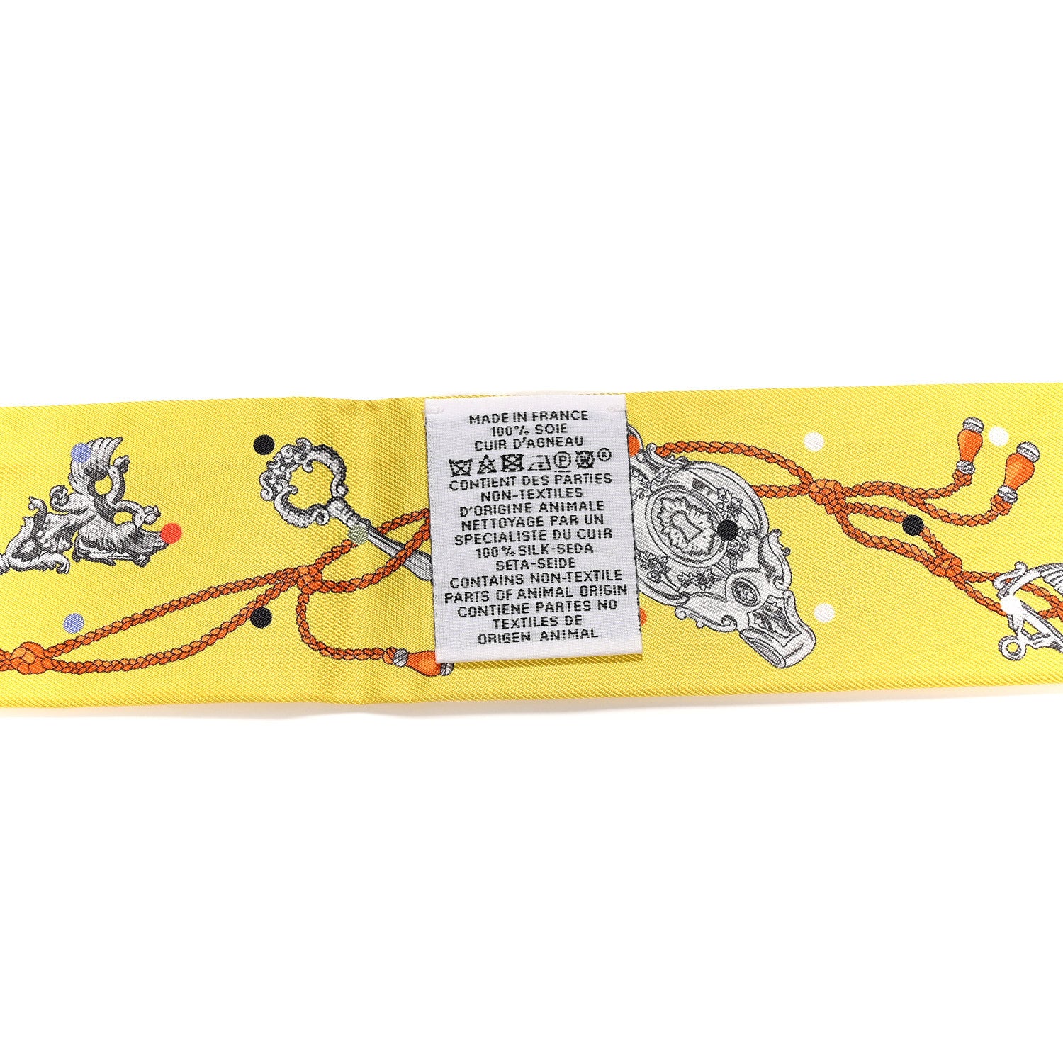 Silk Calfskin Les Cles A Pois Fringed Twilly Jaune Argent Orange Vif - Image 3