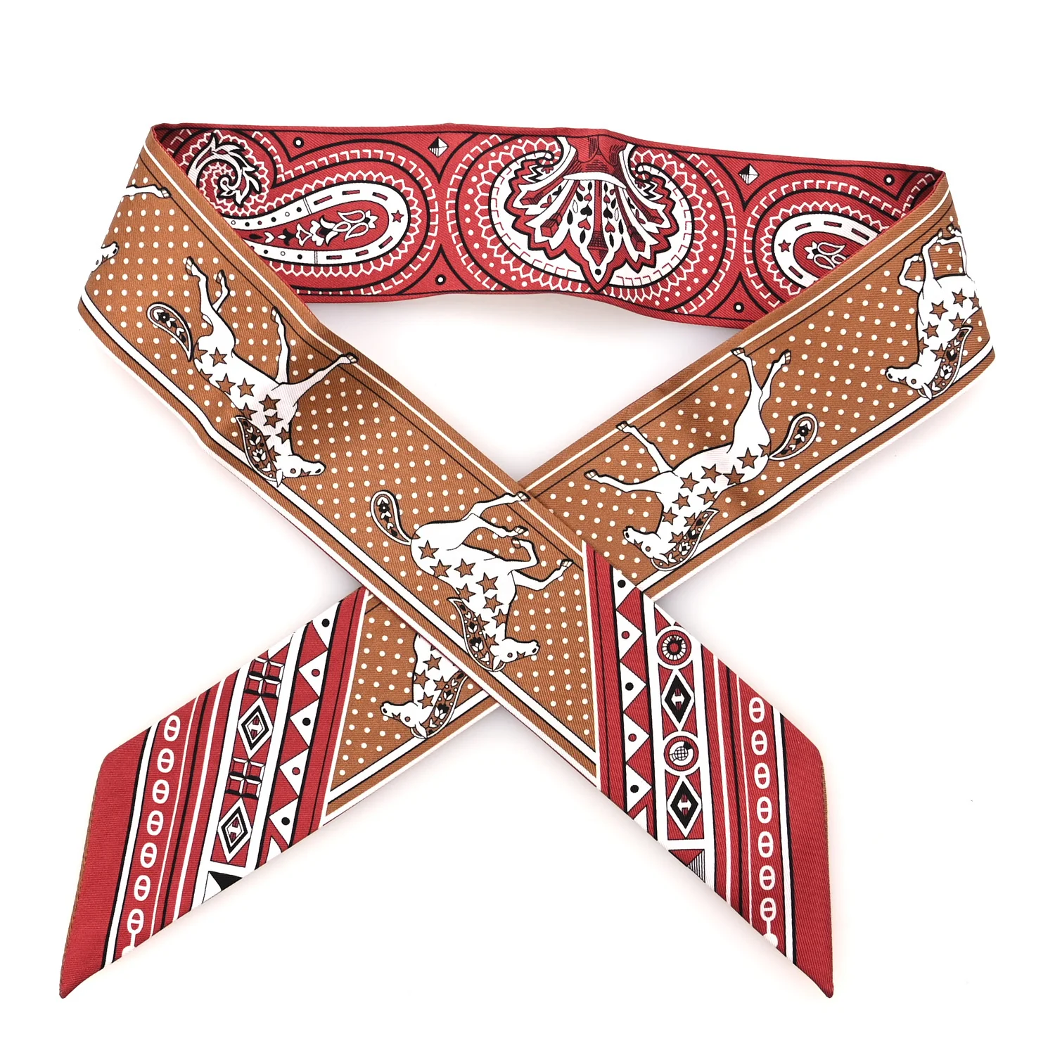 Silk Cheval De Coeur Bandana Twilly Caramel Terre De Sienne White
