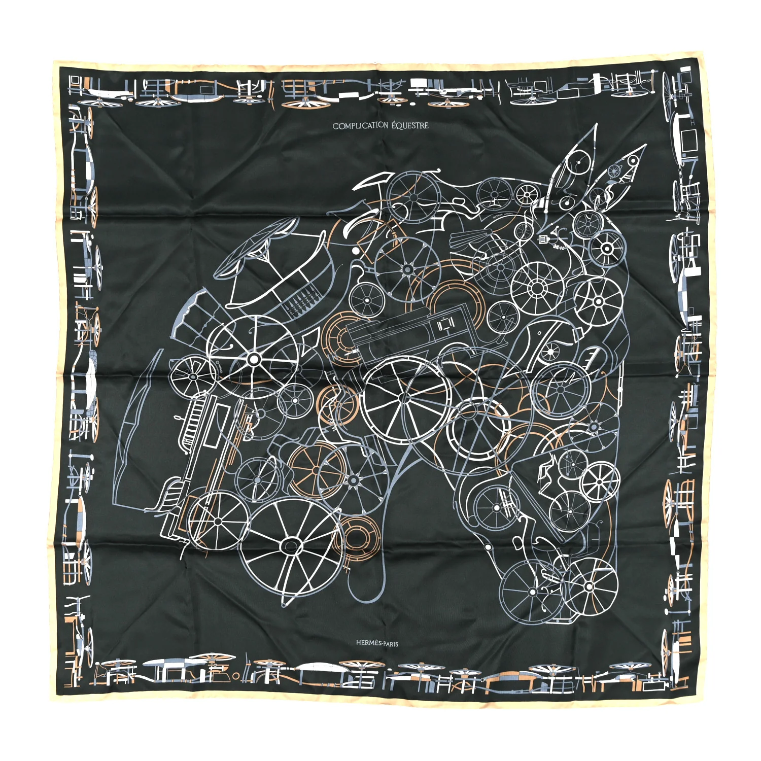 Silk Complication Equestre Scarf 90 Vert Anthracite Bleu Ardoise