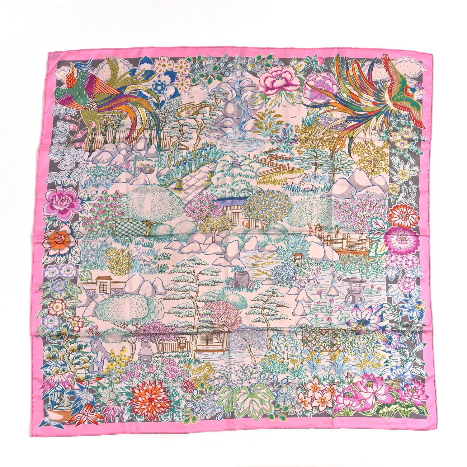 Silk Double Face Mille Feuilles Scarf 90 Rose Turquoise Multicolore