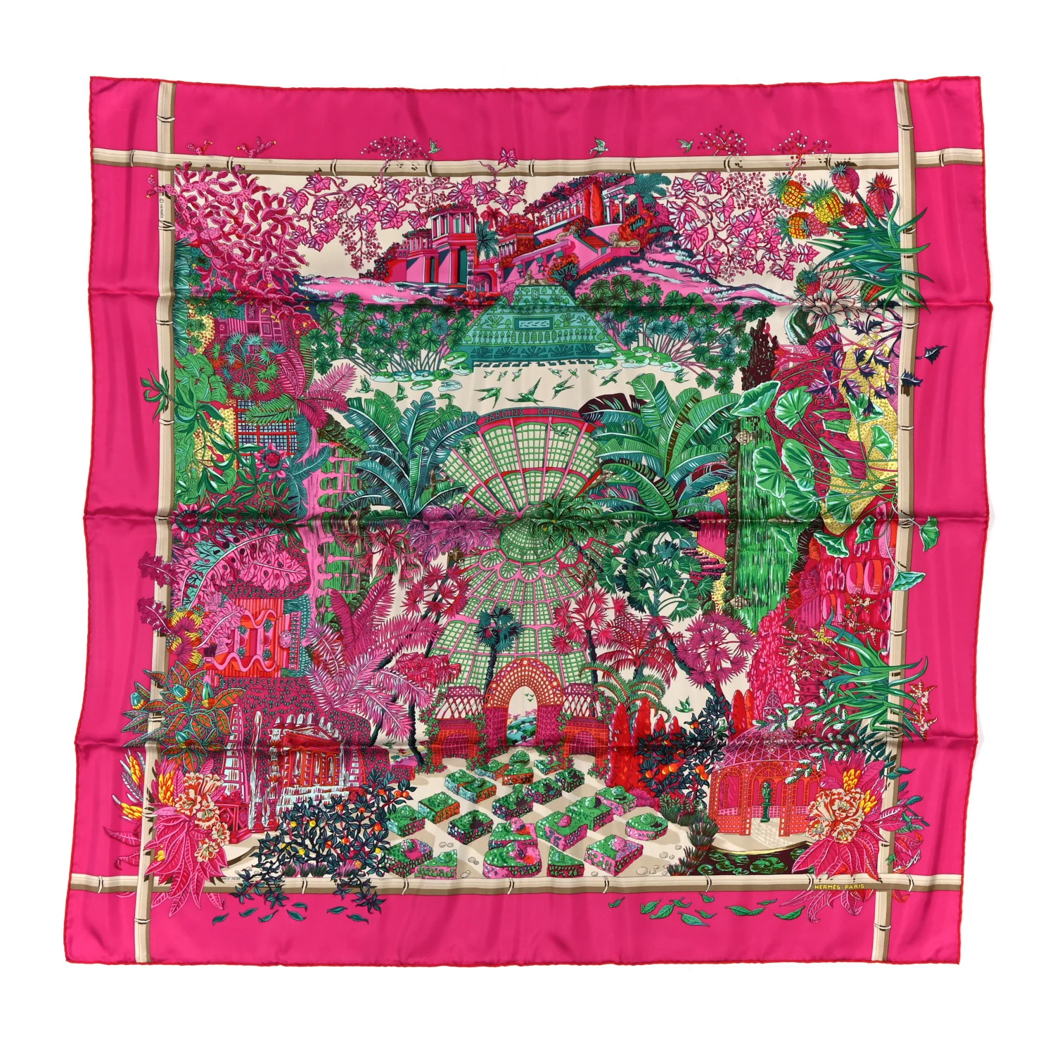 Silk Jardins D Hiver Scarf 90 Rose Vif Vert Creme