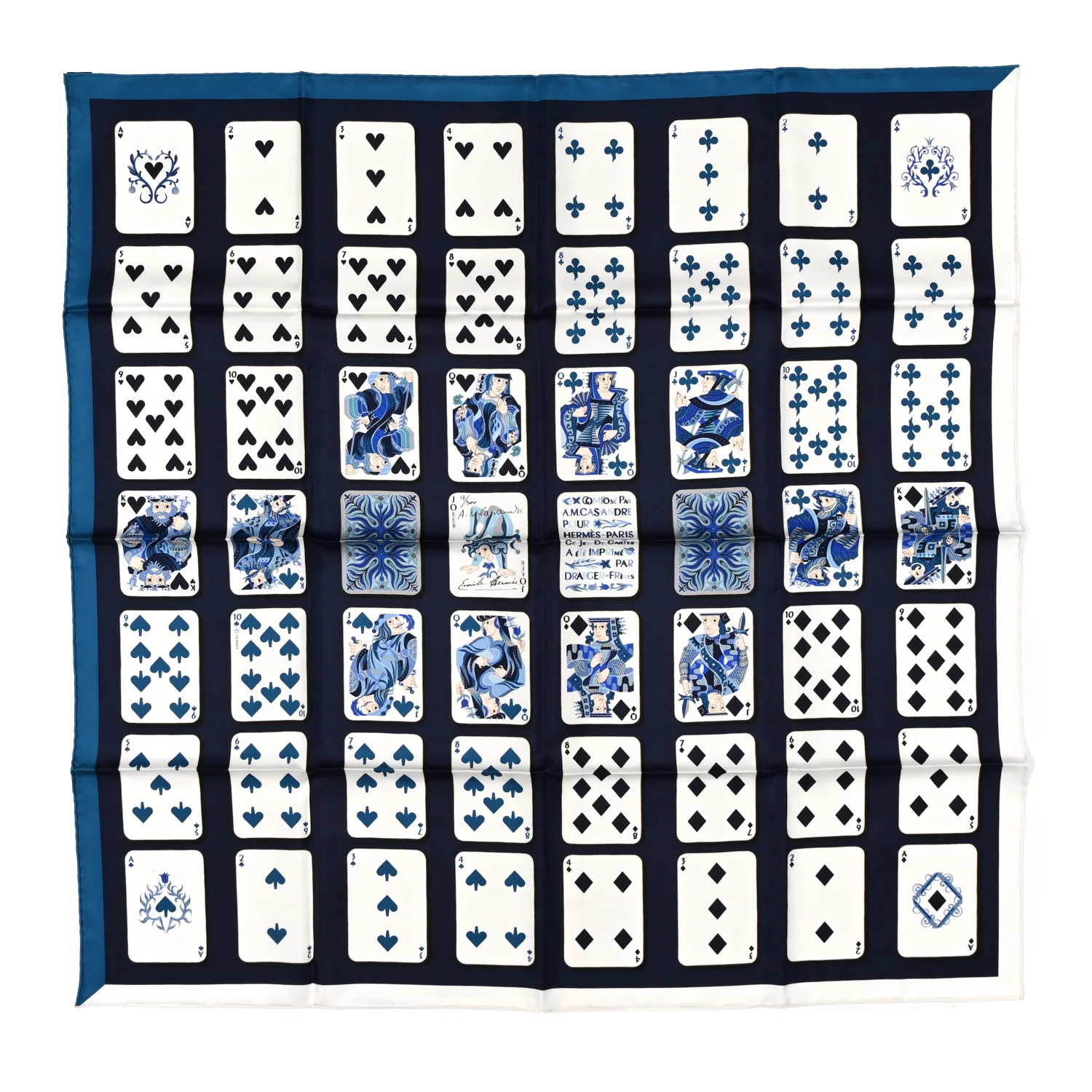 Silk Jeu de Cartes Scarf 90 Marine White Petrole
