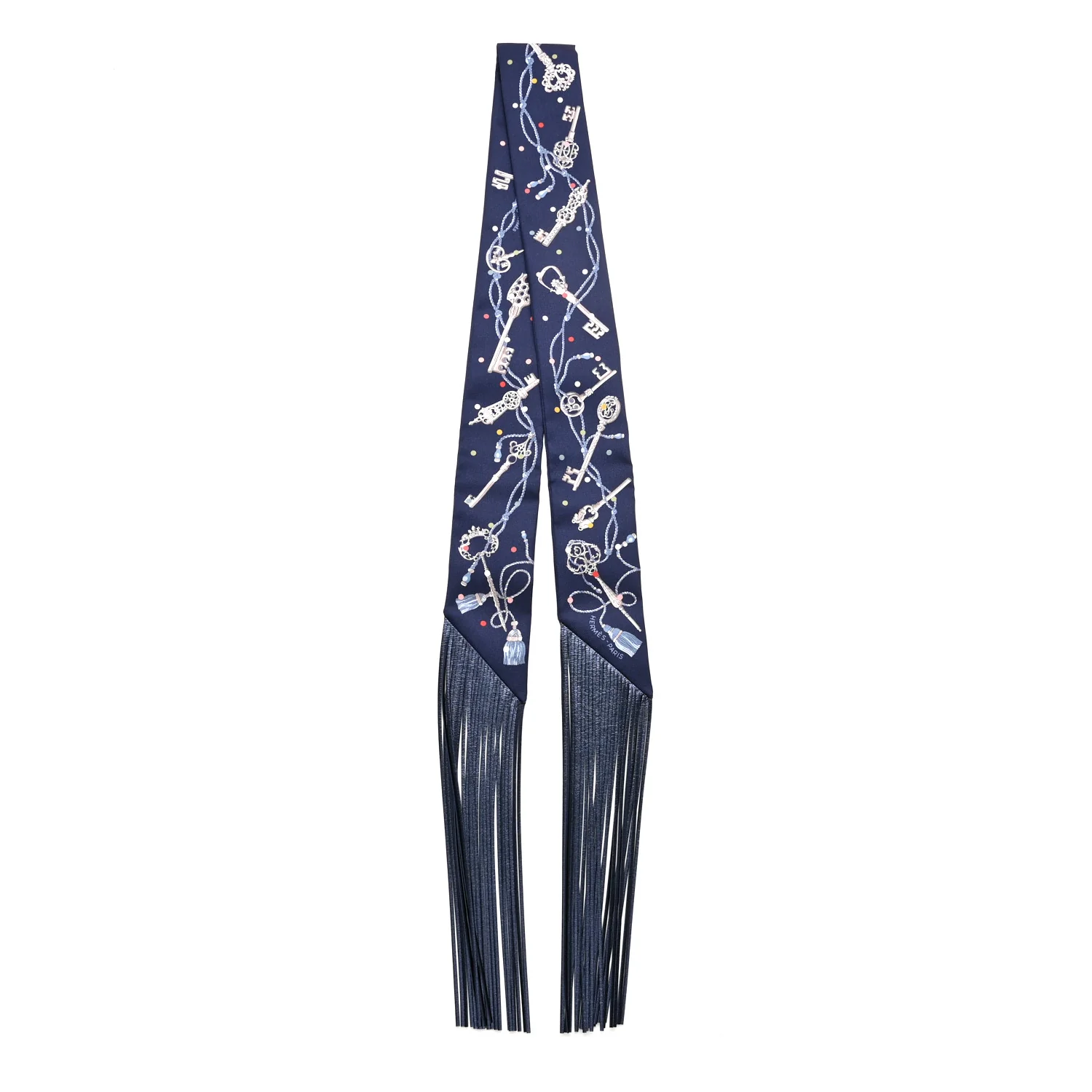 Silk Metallic Agneau Les Cles A Pois Fringed Twilly Bleu Marine Gris Argent Multicolor - Image 2