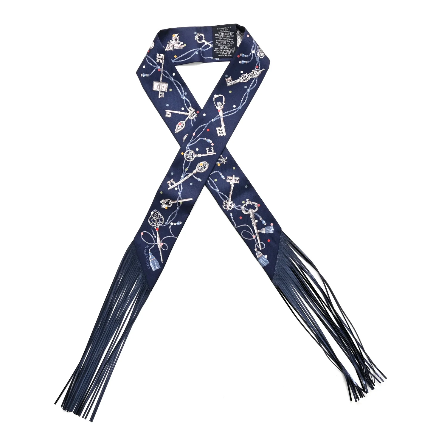 Silk Metallic Agneau Les Cles A Pois Fringed Twilly Bleu Marine Gris Argent Multicolor