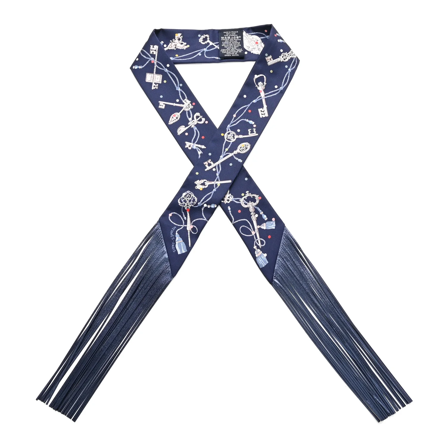 Silk Metallic Agneau Les Cles A Pois Fringed Twilly Bleu Marine Gris Argent Multicolor