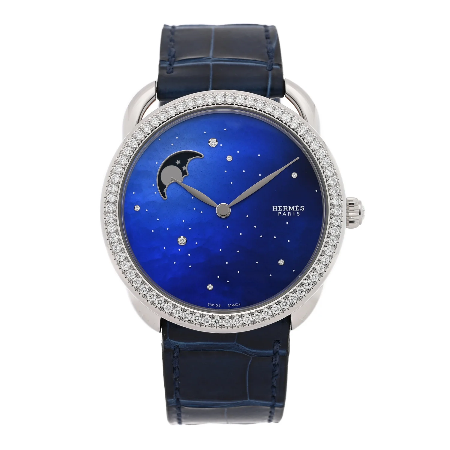 Stainless Steel Alligator Diamond Bezel Blue Mother of Pearl 38mm Arceau Petite Lune Automatic Watch Bleu Saphir