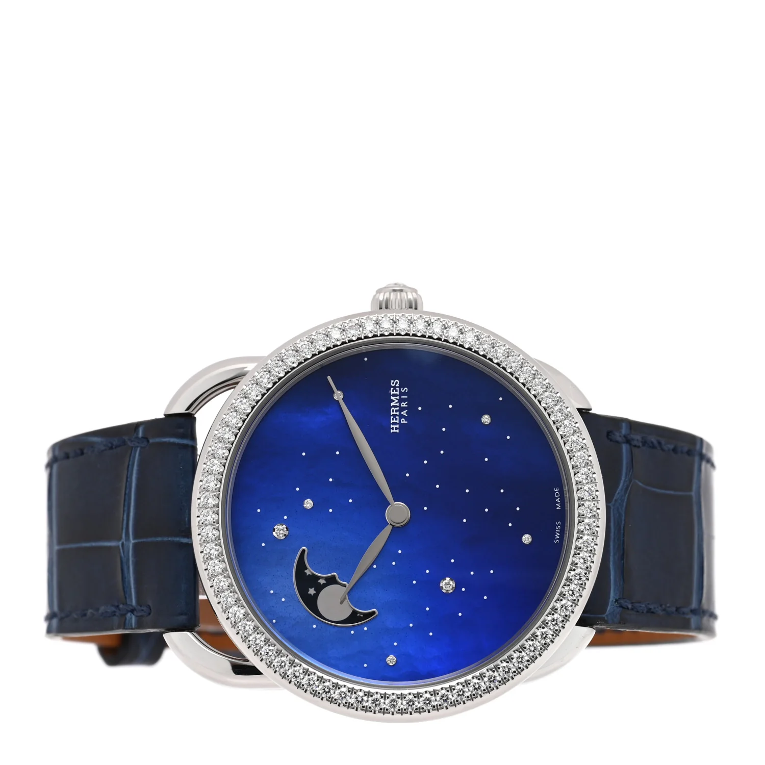 Stainless Steel Alligator Diamond Bezel Blue Mother of Pearl 38mm Arceau Petite Lune Automatic Watch Bleu Saphir - Image 2