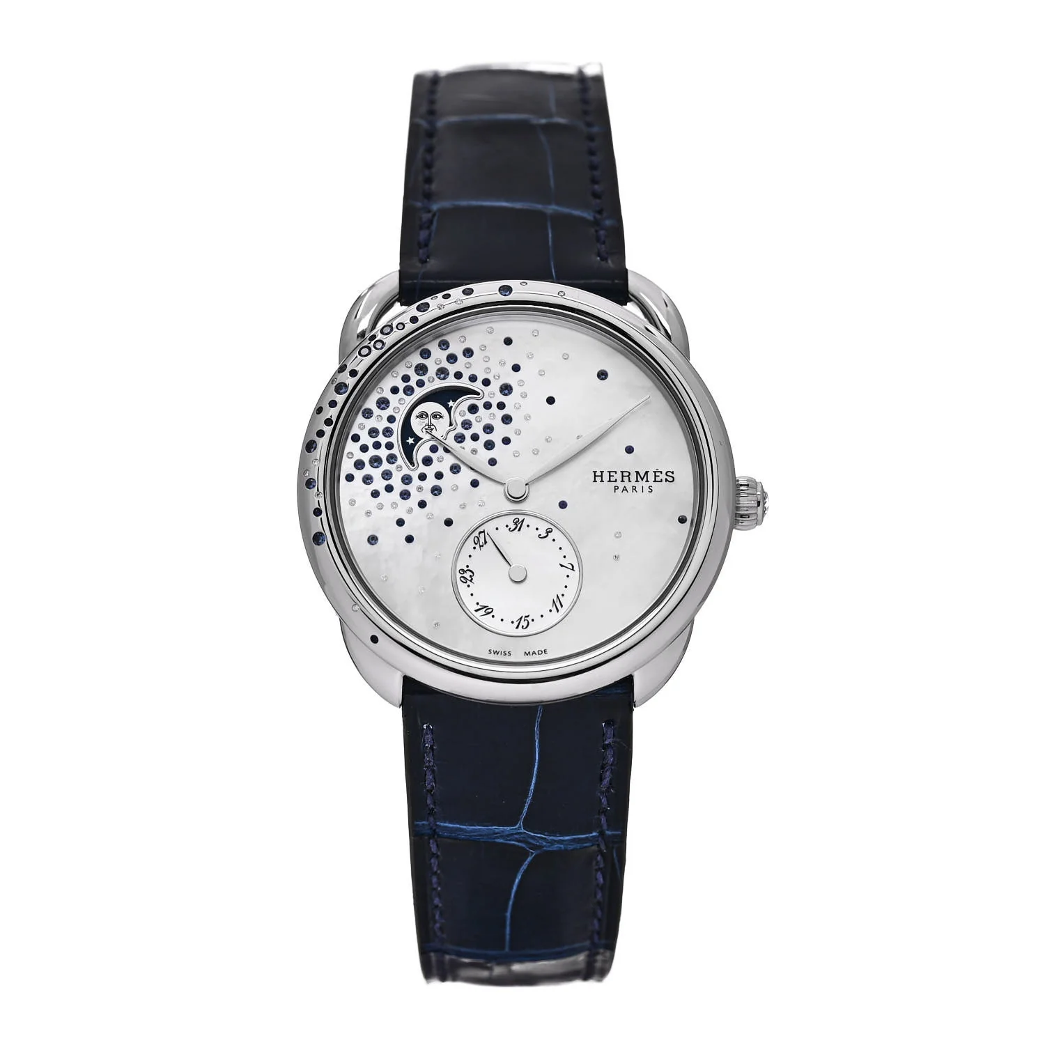 Stainless Steel Alligator Diamond Blue Sapphire Mother of Pearl 38mm Arceau Petite Lune Automatic Watch Bleu Saphir