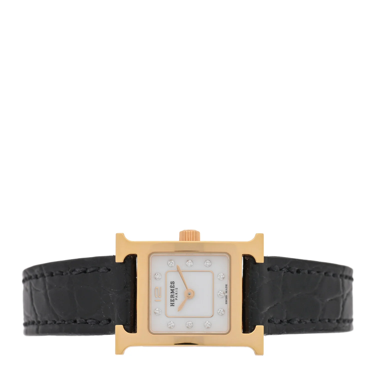 Stainless Steel Alligator Diamond Mother of Pearl 17.2mm Heure H Hour Quartz Watch Noir - Image 2