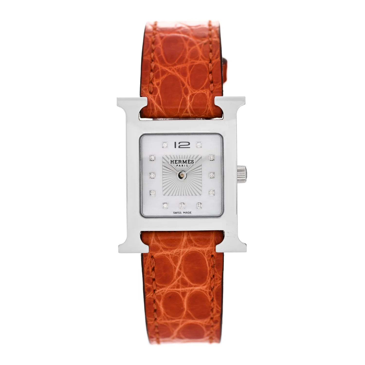 Stainless Steel Alligator Diamond Mother of Pearl 21mm Heure H Hour Quartz Watch Orange