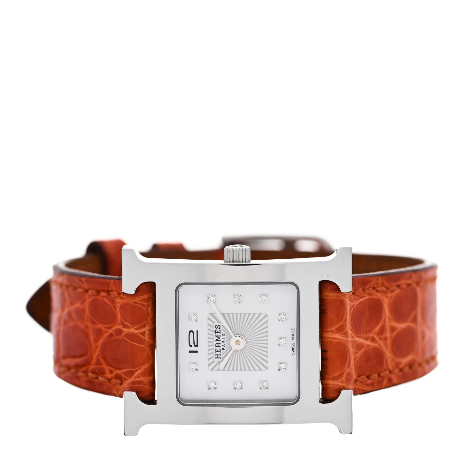 Stainless Steel Alligator Diamond Mother of Pearl 21mm Heure H Hour Quartz Watch Orange - Image 2