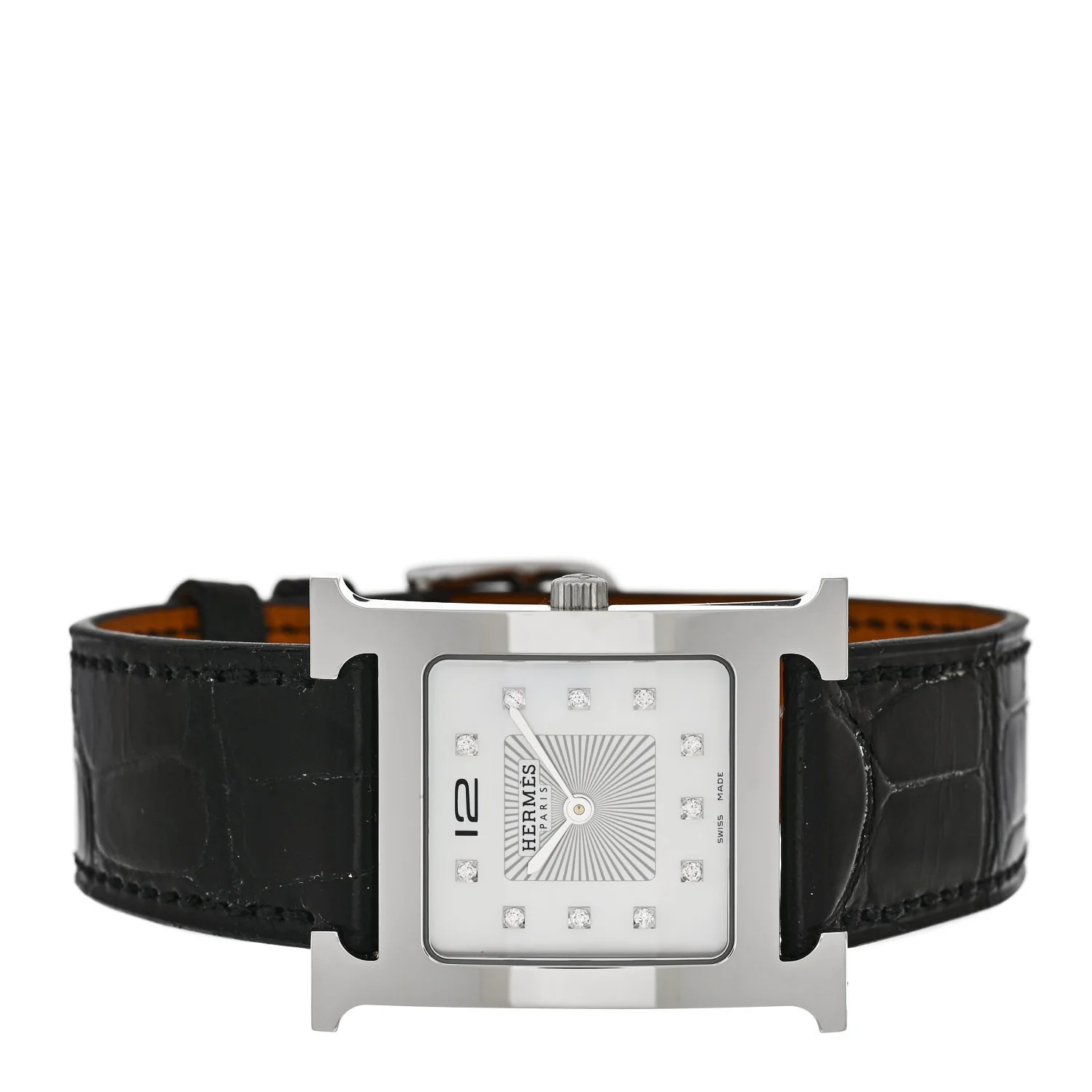 Stainless Steel Alligator Diamond Mother of Pearl 26mm Heure H Hour Quartz Watch Noir - Image 2