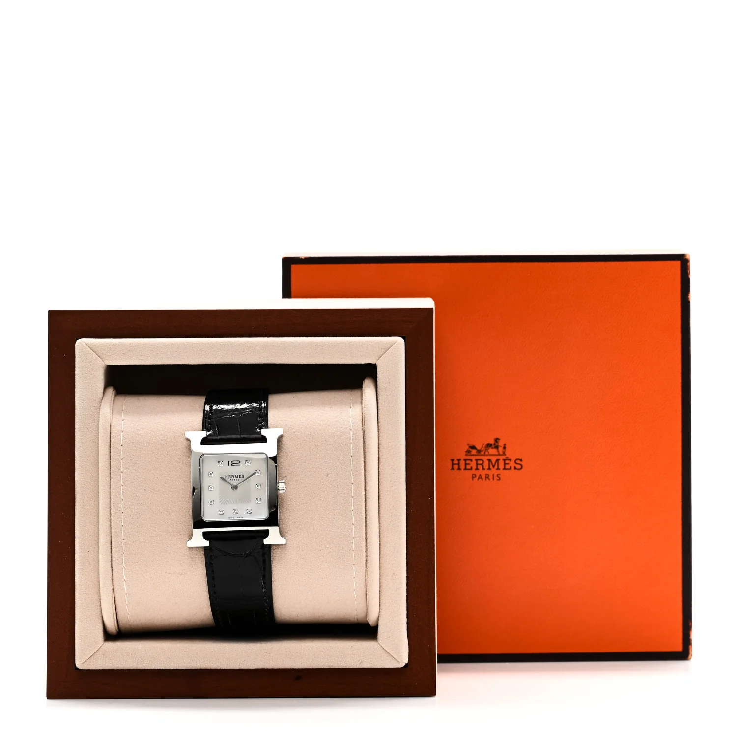 Stainless Steel Alligator Diamond Mother of Pearl 26mm Heure H Hour Quartz Watch Noir - Image 5