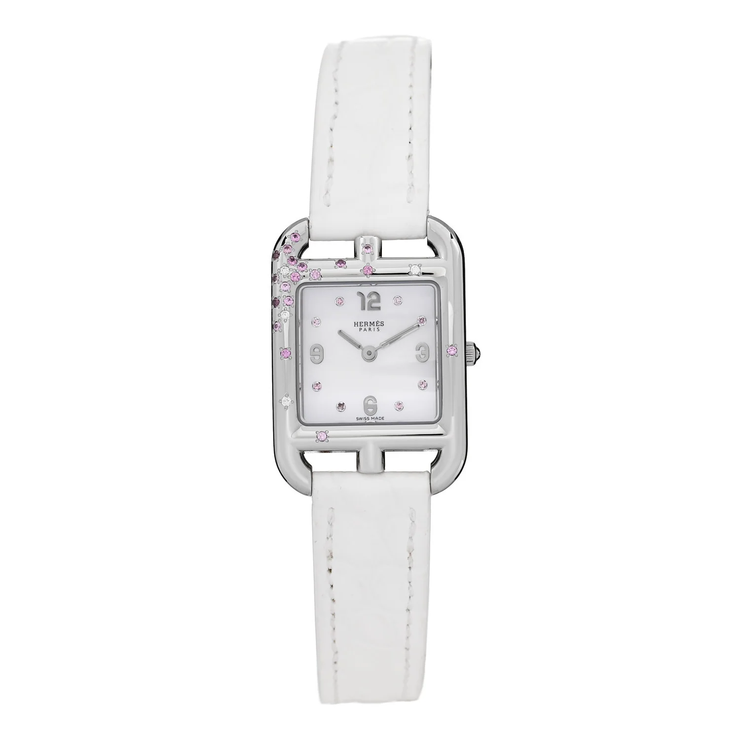 Stainless Steel Alligator Diamond Pink Sapphire Mother of Pearl 23mm Cape Cod Quartz Watch Blanc